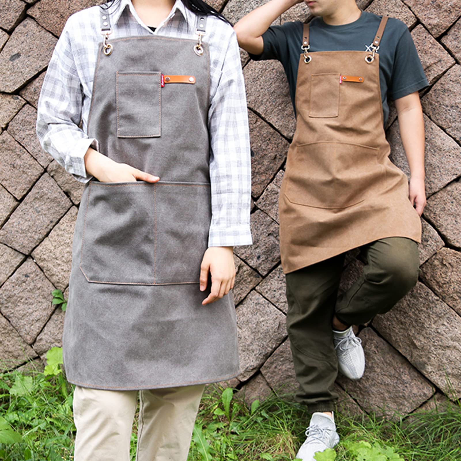 Delantales de Trabajo, Delantal de Cocina Ajustable, Delantal de Lona para Chef, Camarero, Barista, con Bolsillos, para Mujer y Hombre (2 Unidades, L)