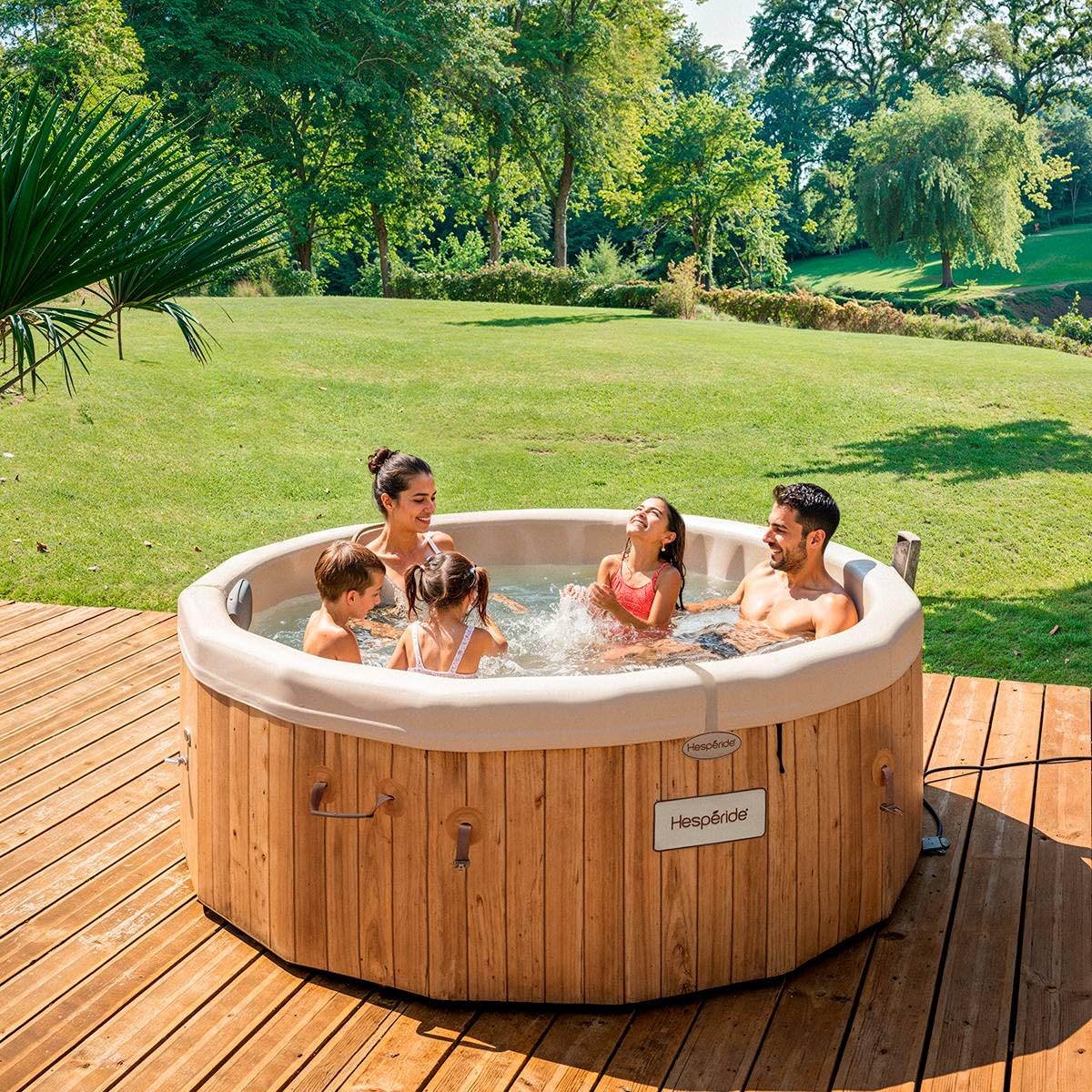 Hespéride - Spa Semi-Rigide Nordik Argile, Effet Bois, Ø 190 cm, 5-7 Personnes, 180 Jets, Connecté WiFi - pour Jardin, Terrasse