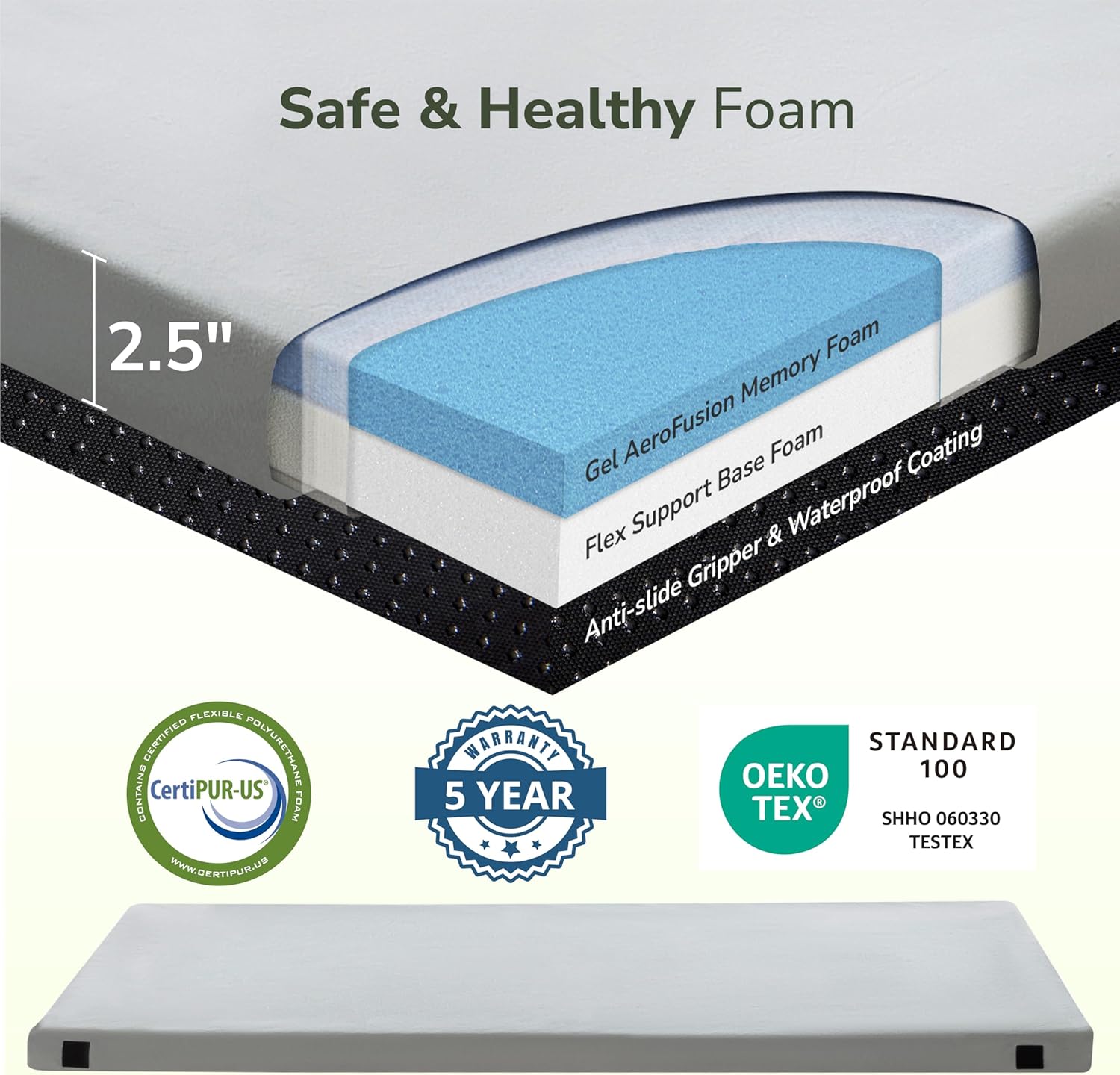 Memory Foam Camping Mattress 2.5 inch, Cot Pads, Single Small Portable Roll Up Camping Sleep Topper with Waterproof and Non-Slip Bottom, Camping Car Mat with Travel Bag, 72"×24"×2.5", Grey