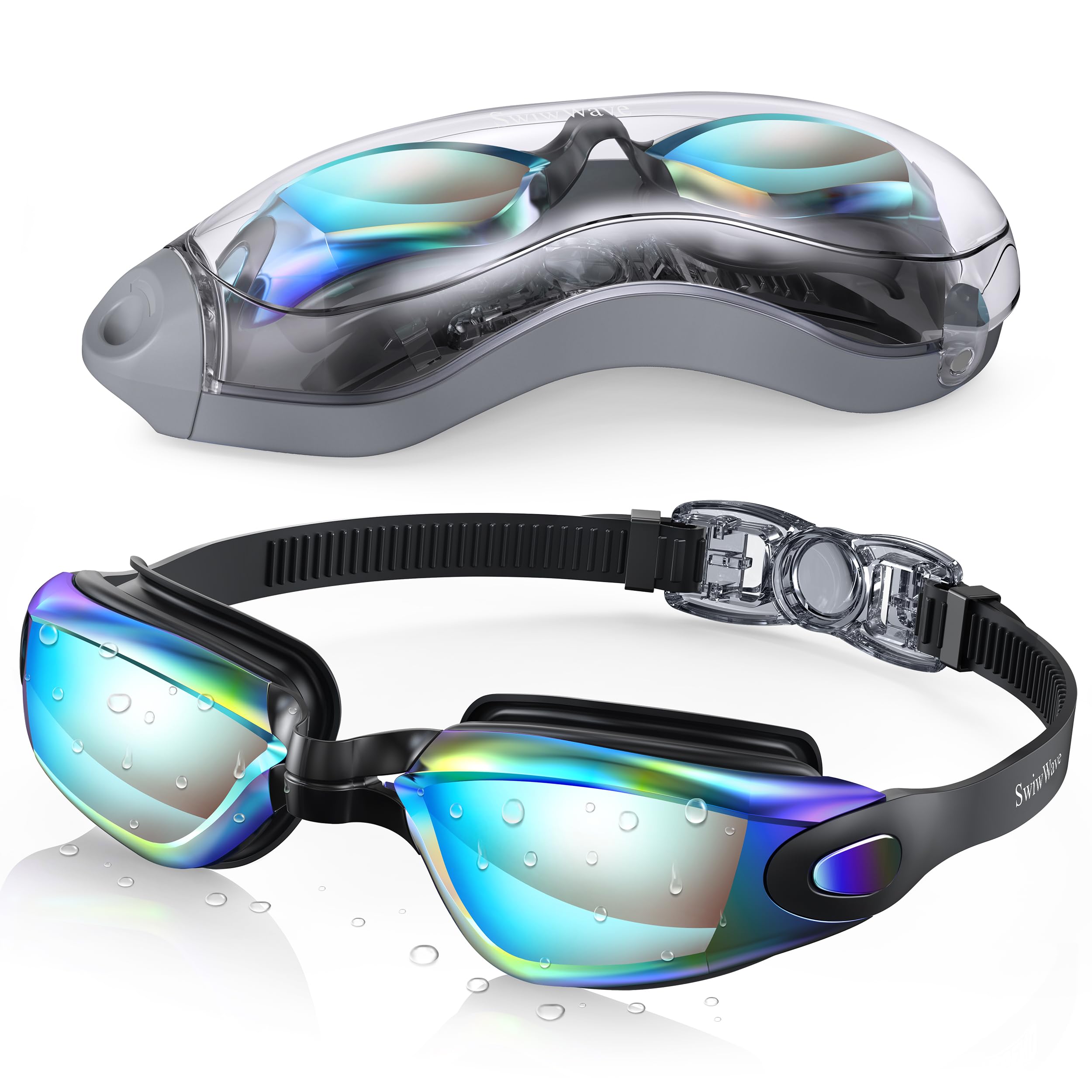 SwiwWave Schwimmbrille für Erwachsene, Auslaufsicher mit Aufbewahrungsetui | Anti Leck Anti-Beschlag UV-Schutz Verstellbare Kopfband