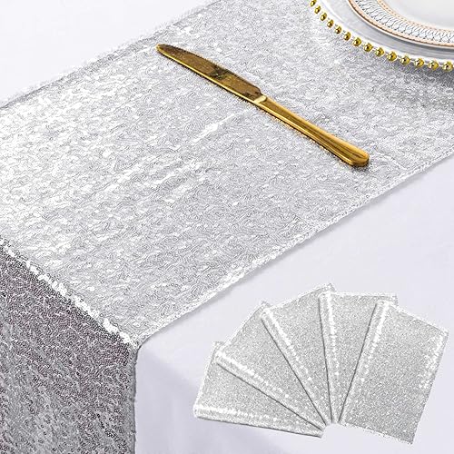 Miniatura 1 de Paquete de 5 caminos de mesa plateados con lentejuelas para decoración del hogar, color gris, 12 x 108 pulgadas, suministros de fiesta de