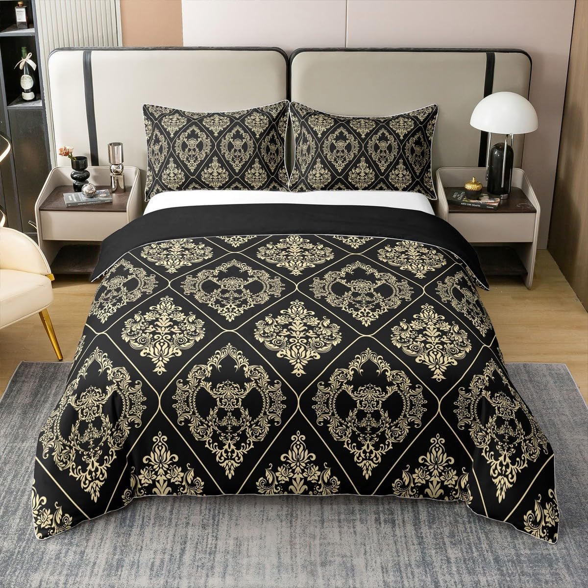 Feelyou Black Gold Damask 100% Cotton Duvet Cover,Antique Victorian Baroque Bedding Set King Size Bedroom Room Decor,Gothic Vintage Floral Damask Comforter Cover,Bohemian Bedspread Cover,No Comforter