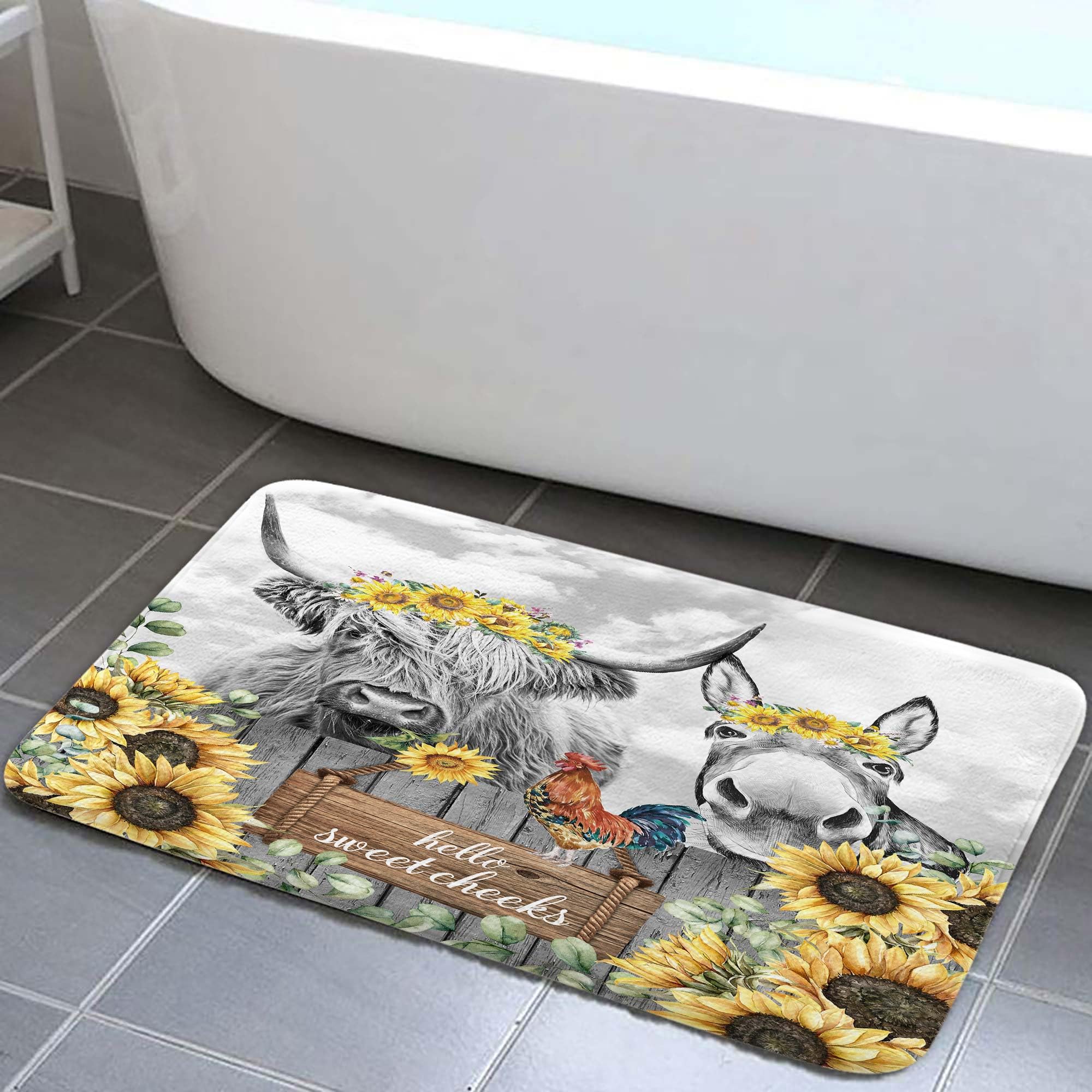 Funny Highland Cow Donkey Bath Rugs for Bathroom Farmhouse Western Animal Cow Chicken with Flowers on Fence Sunflower