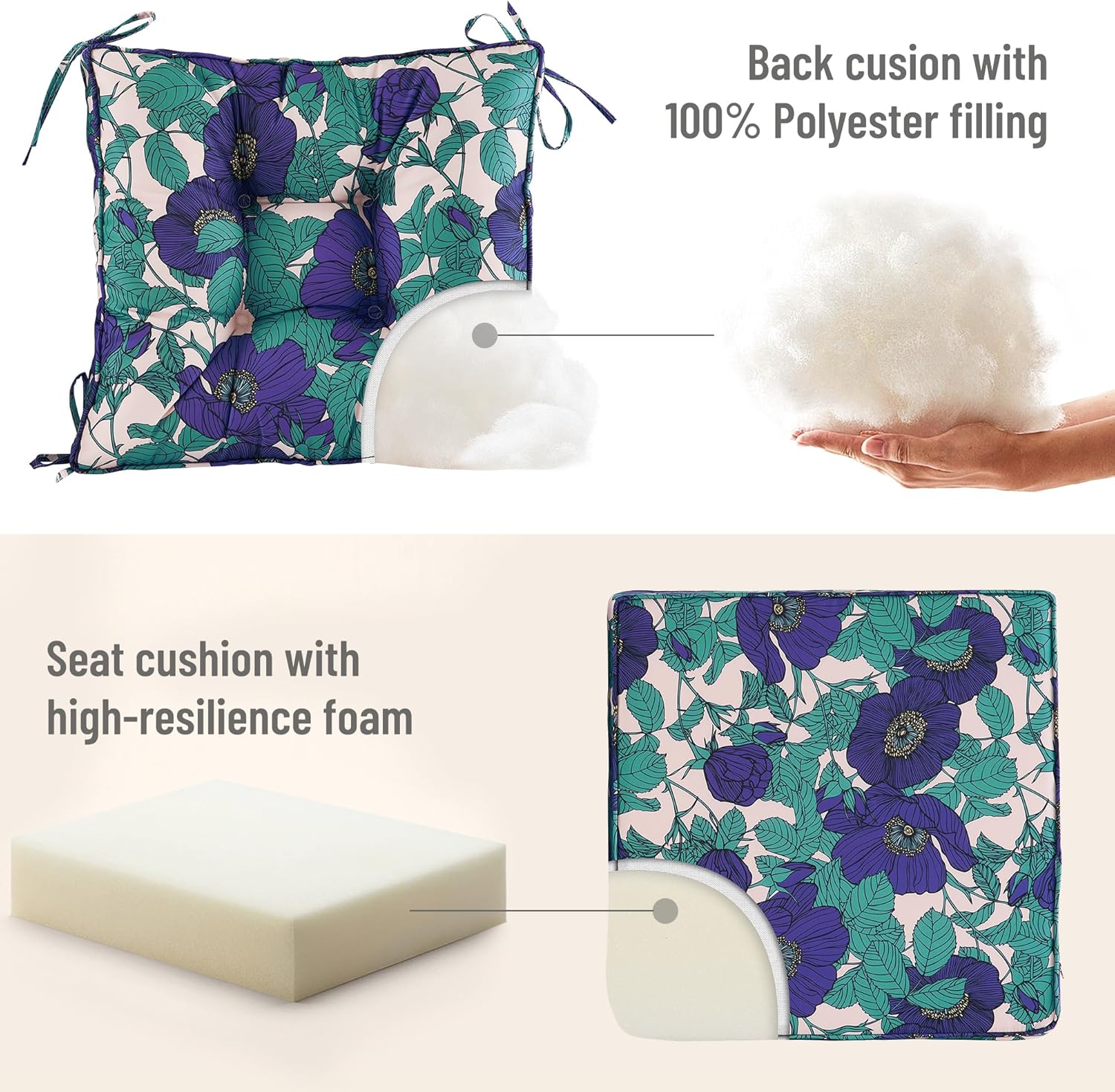 Deep Seat Cushions for Outdoor Furniture,Extra Thick Seat:24"x24"x4",Tufted Low Back 22"x24"x6", Double Piping Removable Patio Chair Cushions with Ties, All Weather,Fade Resistant,Floral