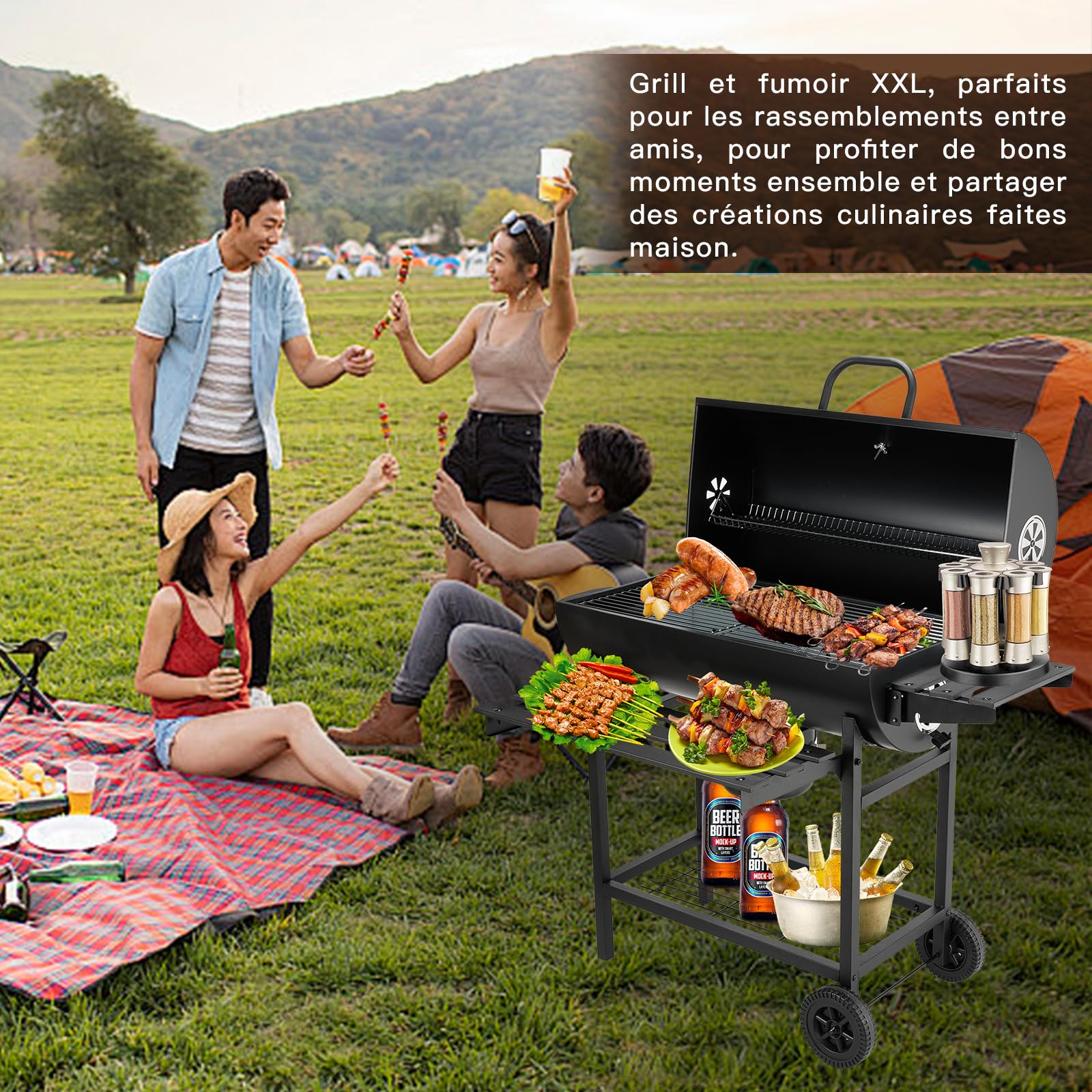 TEENO Grill XXL de carbón de madera, carrito de barbacoa con parrilla de pollo, barbacoa de carbón con tapa para jardín, terraza y camping