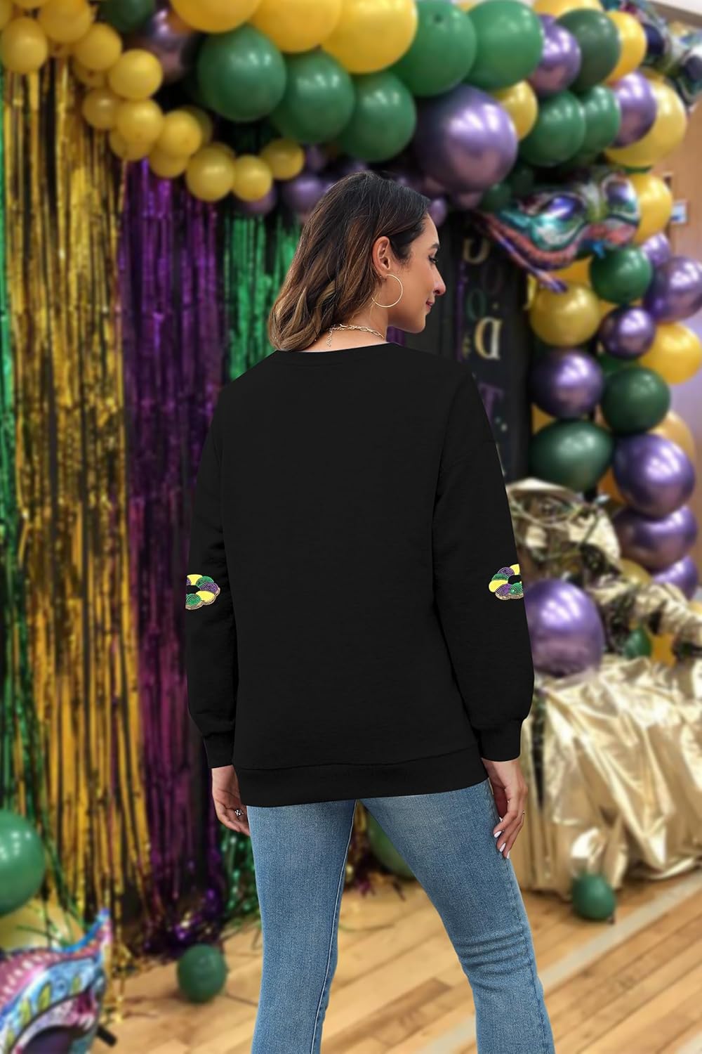 Womens Mardi Gras Shirt Stripes Fat Tuesday Tee Shirt Sequin New Orleans Carnival Party Long Sleeve Top - Image 4