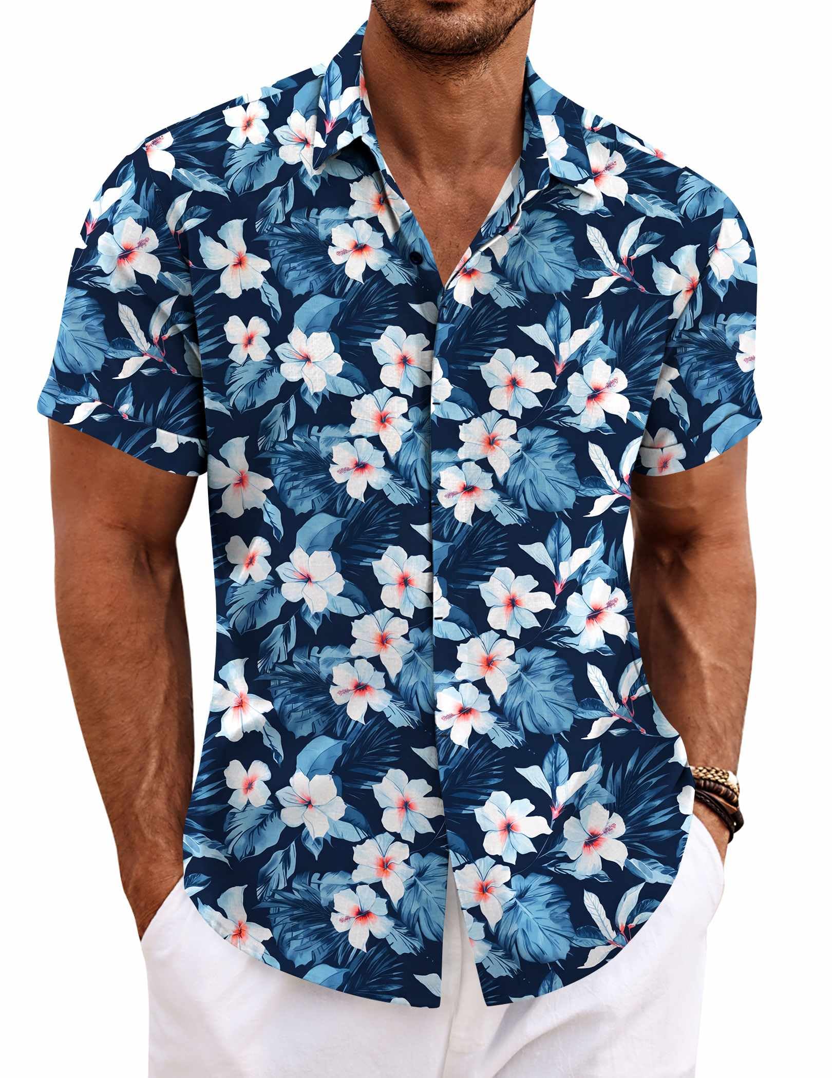 COOFANDY Men's Linen Shirts Short Sleeve Casual Shirts Button Down Shirt for Men Beach Summer Wedding Shirt Medium Floral-deep Blue White