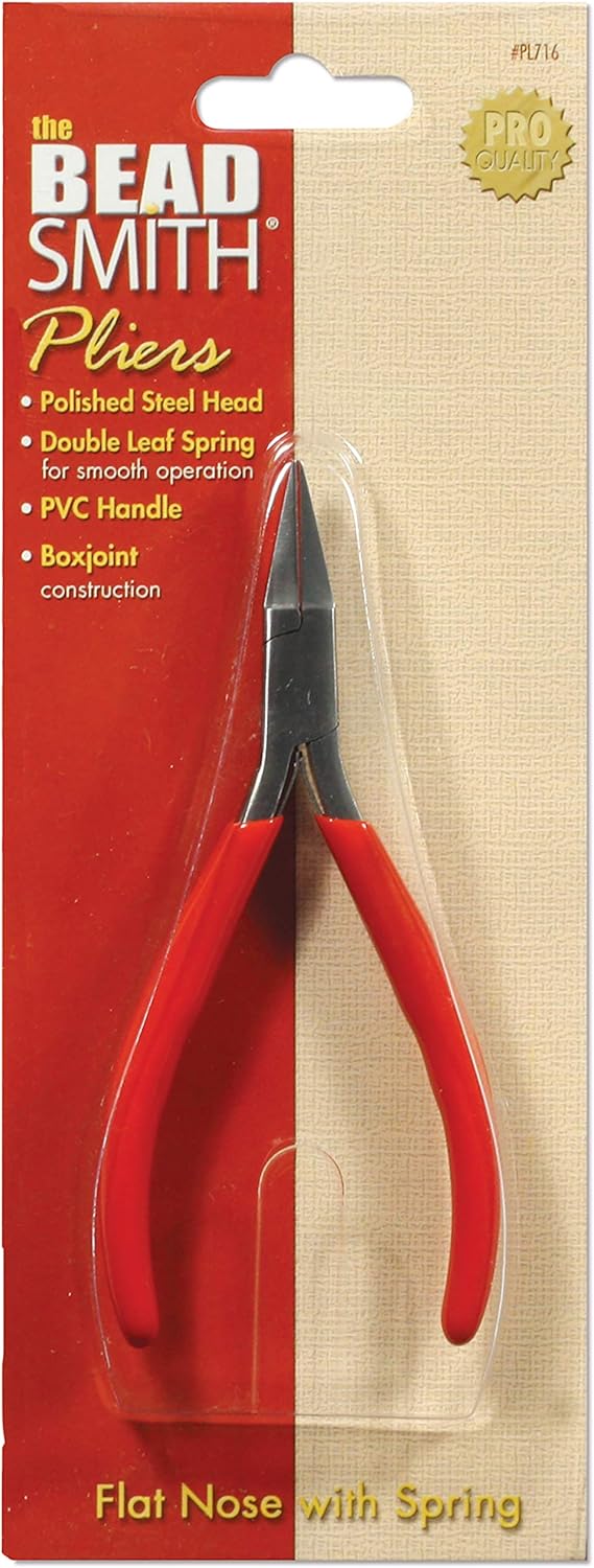 The Beadsmith Slim Line Flat Nose Pliers, 4.75 inches (120mm) with Polished Steel Head, red PVC Comfort Grip Handle with Double-Leaf Spring, Tool for Jewelry Making