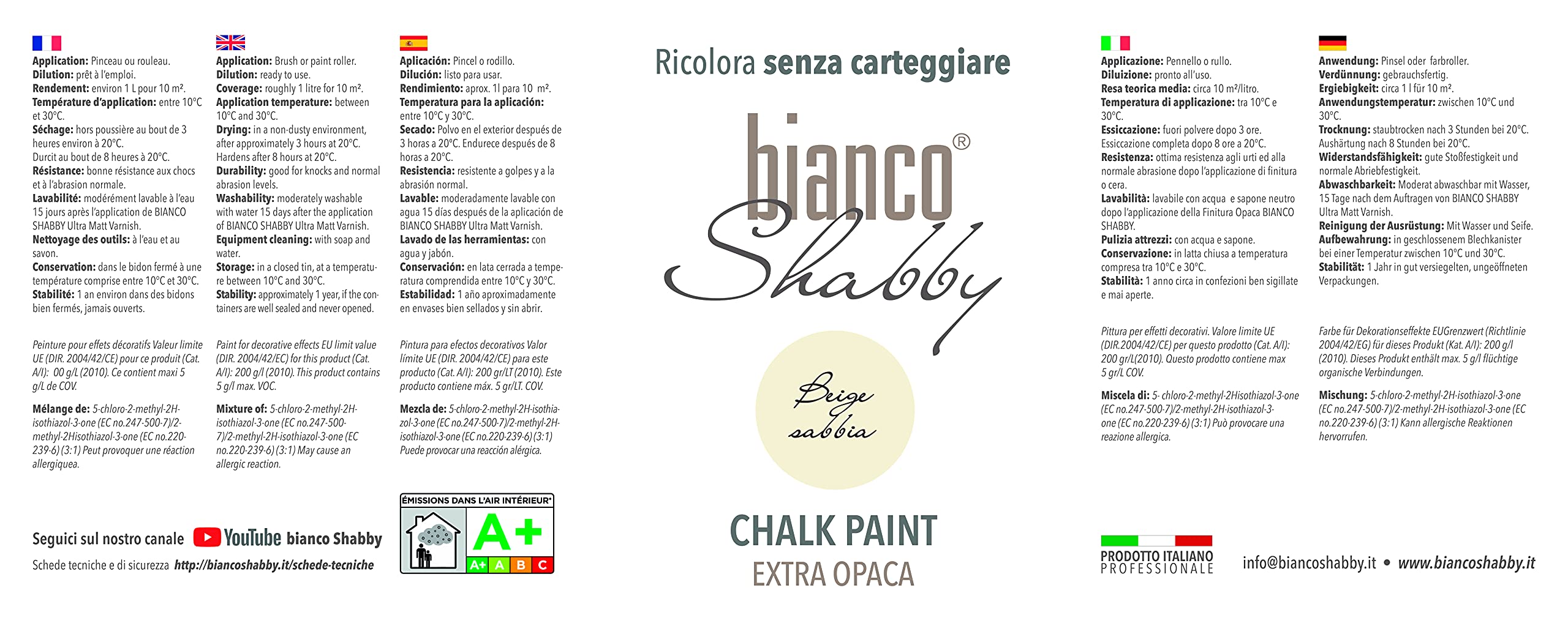 bianco Shabby® Beige Sabbia (piaskowo-beżowa) farba kredowa na bazie wody do wszystkich powierzchni – bardzo matowe wykończenie (2,5 l)