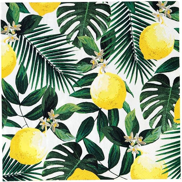 Talking Tables Pack of 20 Lemon Napkins | Tropical Serviettes with Jungle Leaves | Disposable Tableware for Indoor or Outdoor Dining, Garden Party, Summer, BBQ, Picnic, Decoupage, TROPICALNAPKINSLEMON