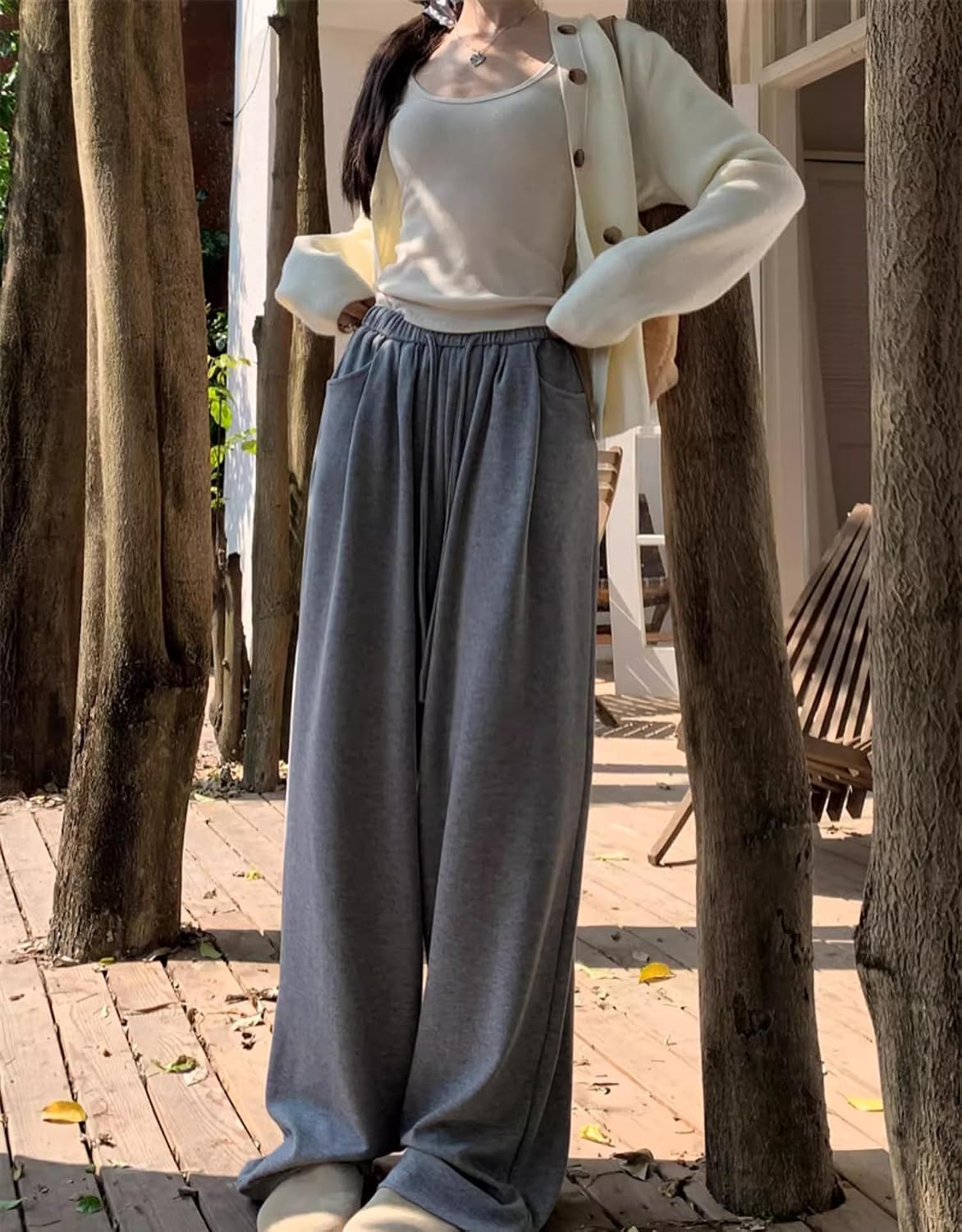 Women's Pants Gray Office Casual Loose Straight-Leg Pants-Dark Gray-X-Small