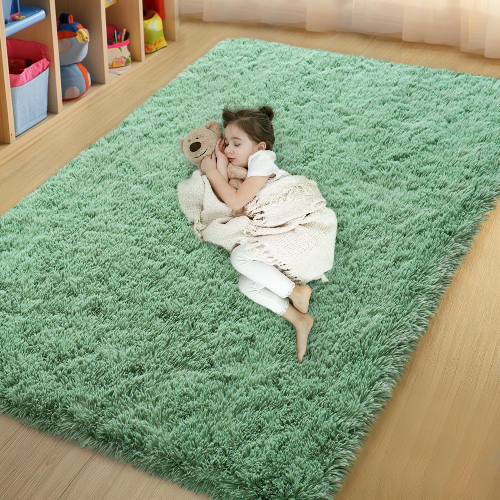qulint Bedroom Area Rug 4x6, Fluffy Soft Shag Sage Green Rugs for Living Room, Fuzzy Plush Small Carpet for Nursery Shaggy Alfombra for Boys and Girls