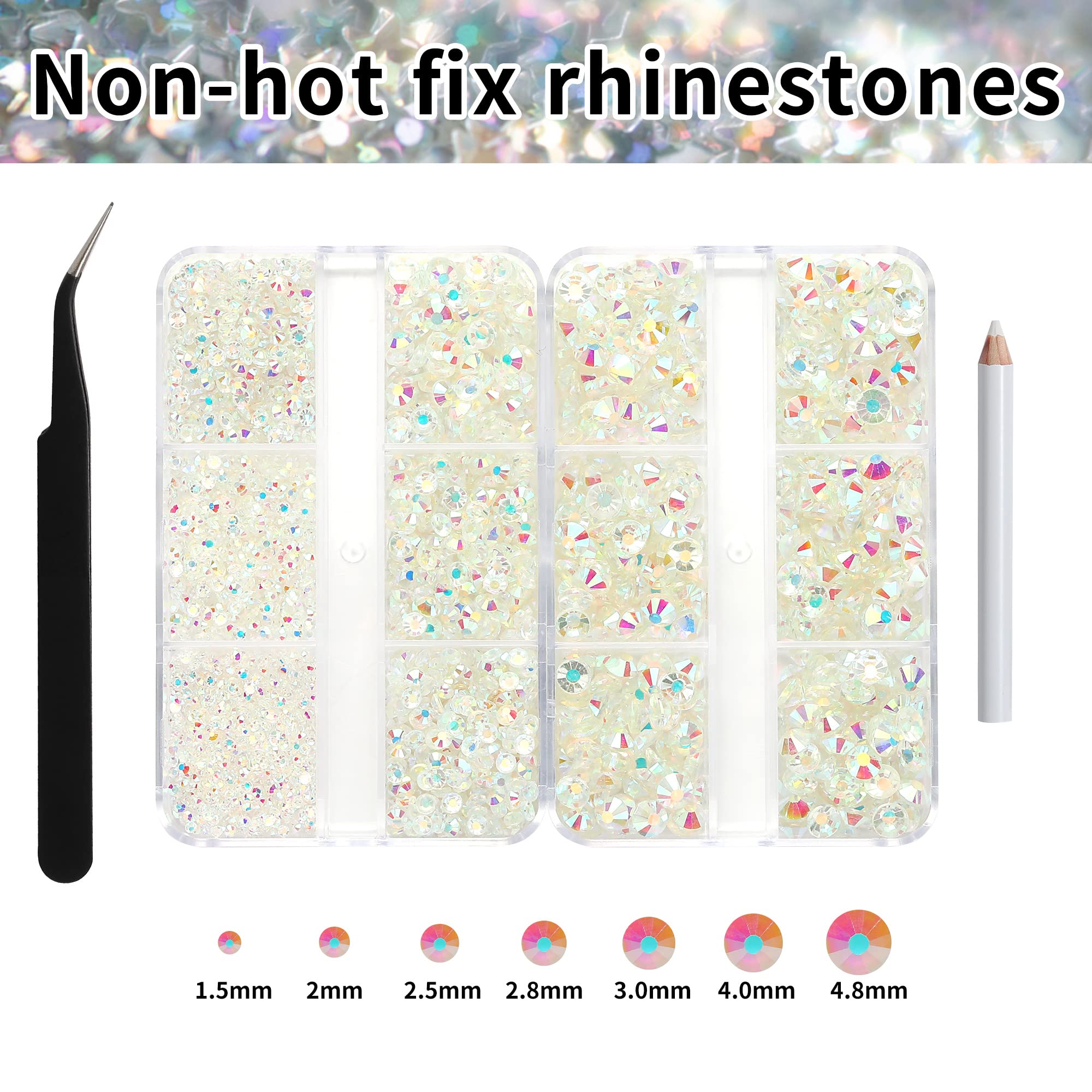 BAJUQIJU 3300 Pieces Nail Rhinestones Nail Art Gems Crafts Crystals Glass Decorations Set AB Rhinestones Flatback Design Face Clothes Shoes Decor Diy Acrylic Nail Art Decoration(White ab)