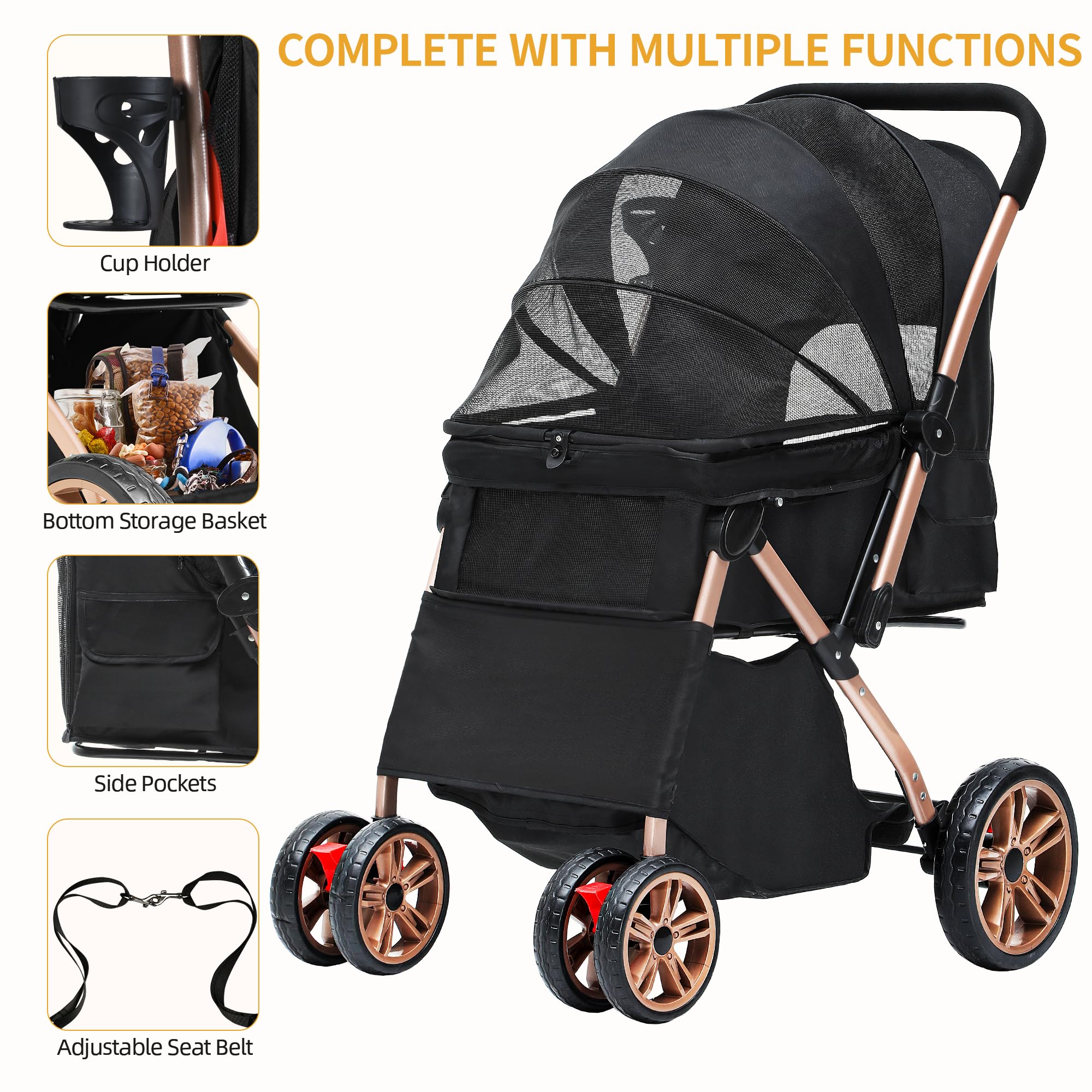 DWVO Poussette 3 en 1 pour Chien et Chat - Pliable jusqu'à 22 kg - Roues EVA Résistantes à l'Usure à 360° - Panier de Rangement - Fenêtre en Filet - 58,5 x 76 x 105 cm