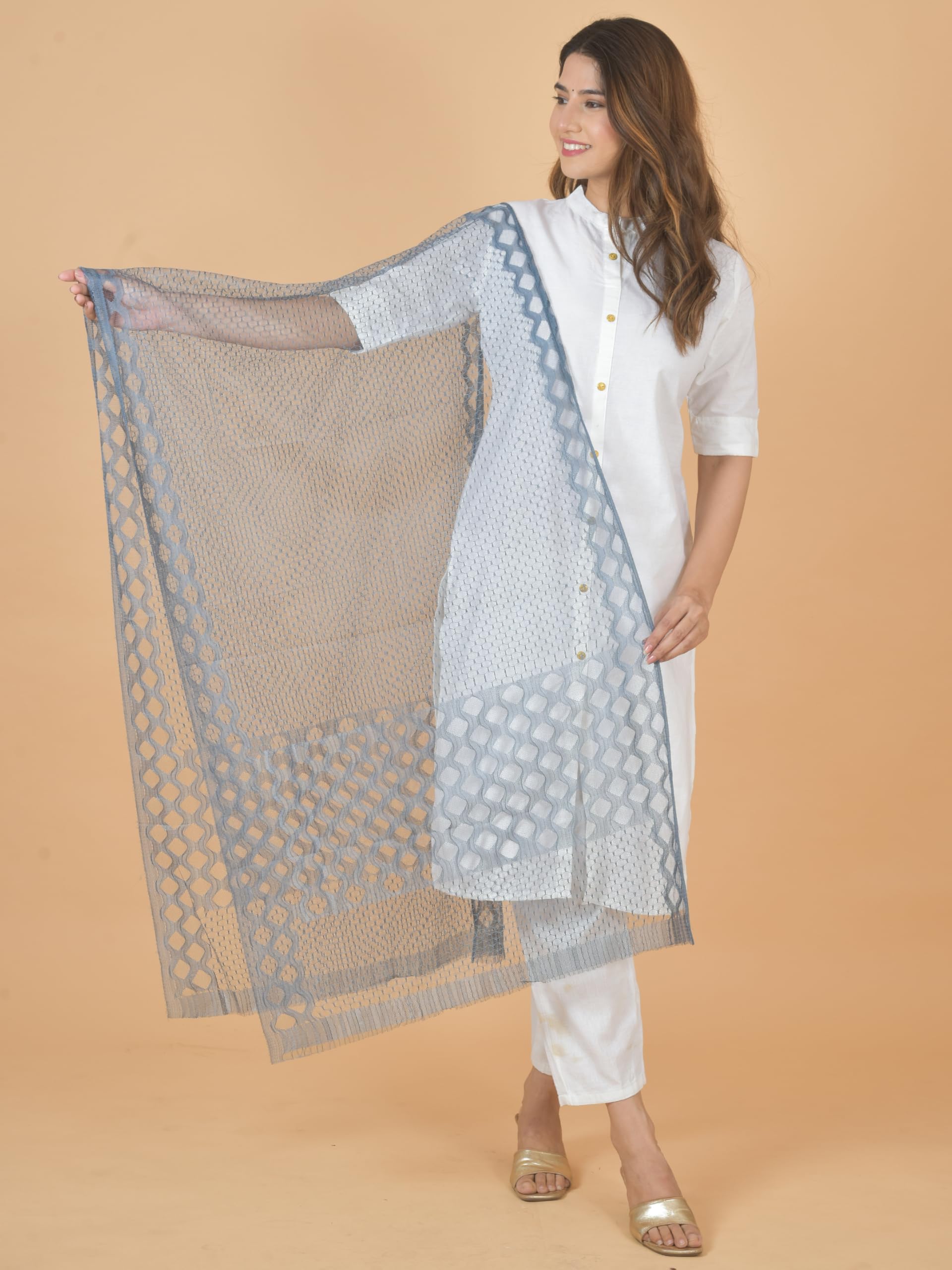 NAKODA Dupatta for Women and Girls 100% Netted Self Print Design (Grey) -BZ1221-image-45