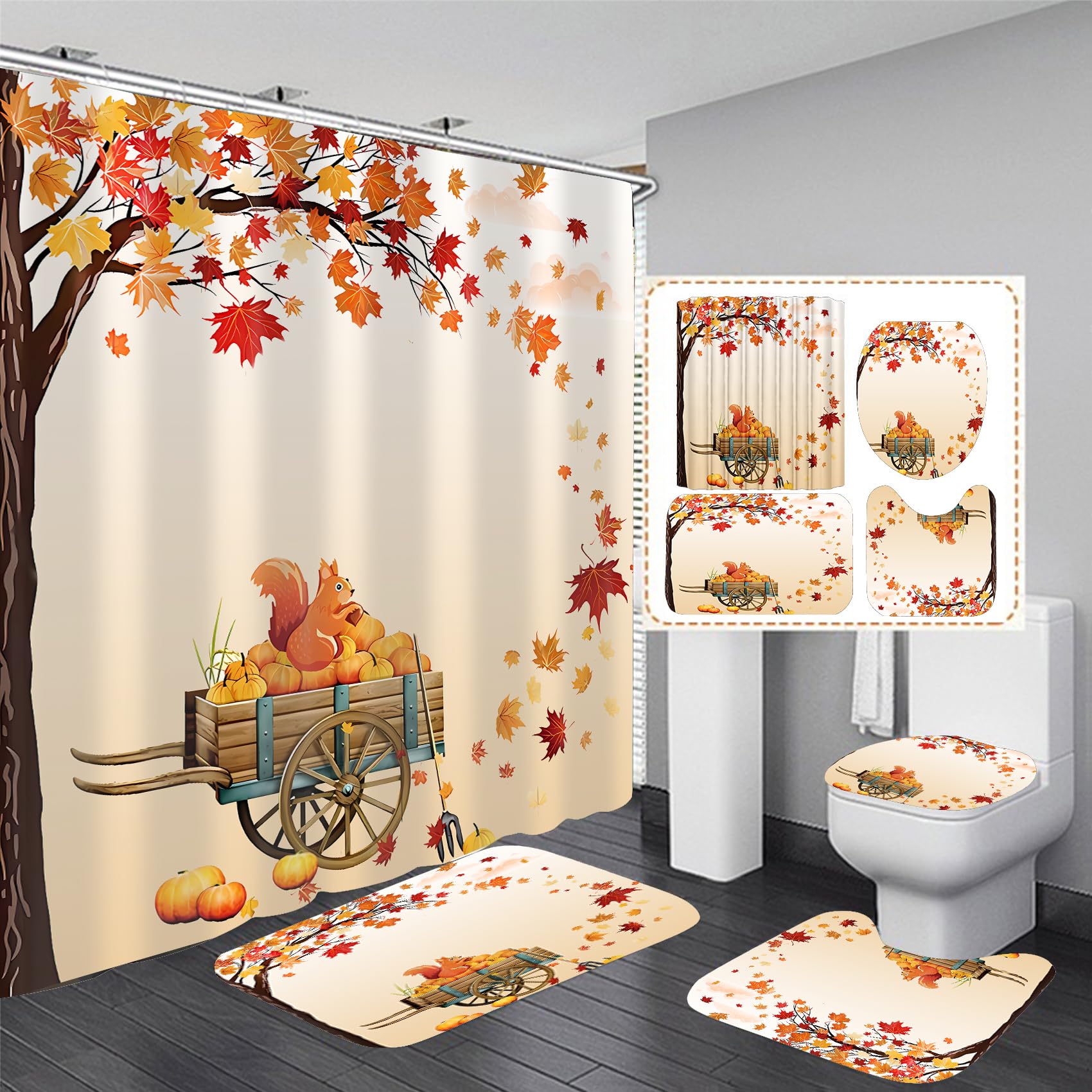 4PCS Fall Shower Curtain Bathroom Sets with Rugs, Toilet