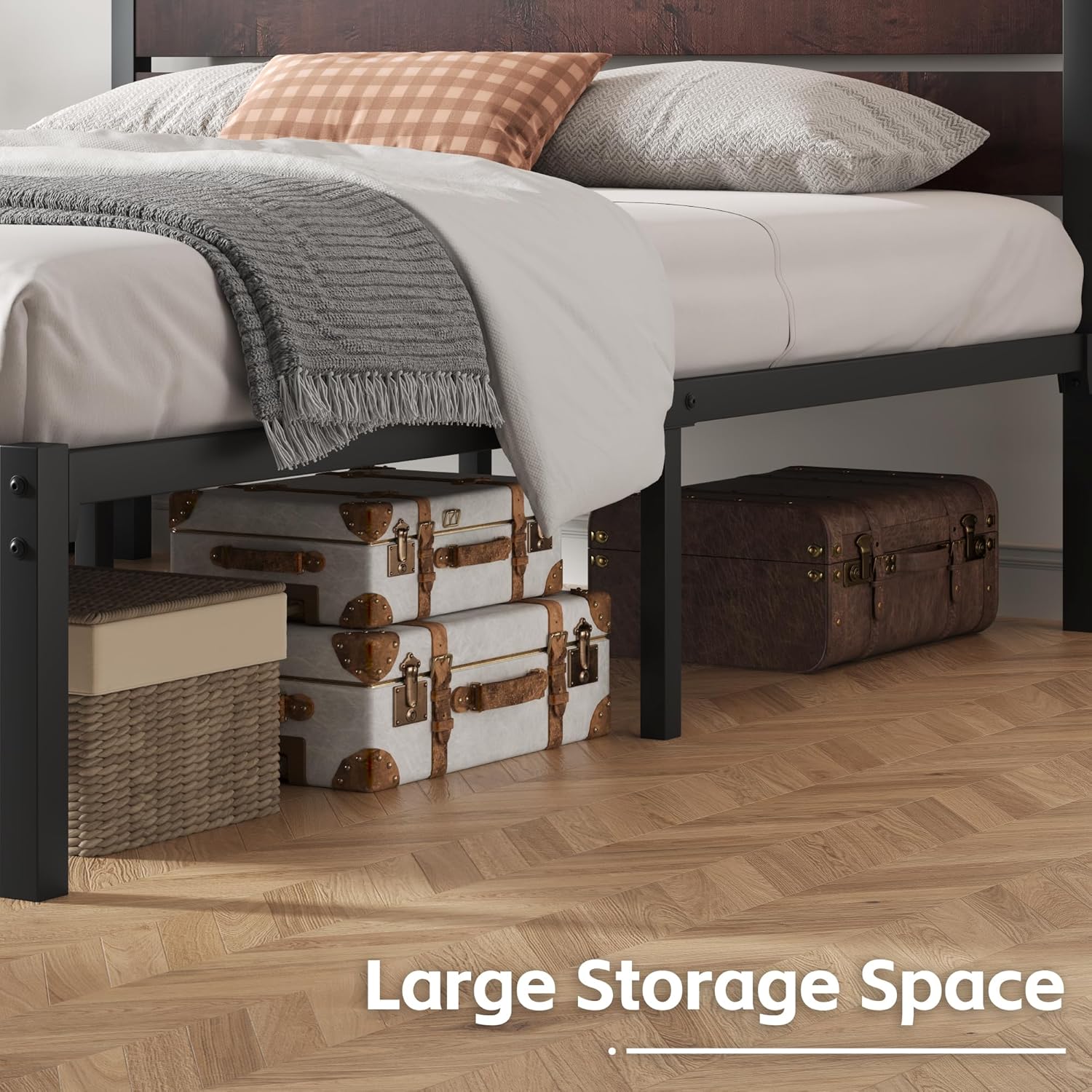 Queen Bed Frame with Headboard and Footboard, with Under Bed Storage, All-Metal Support System, No Box Spring Needed, Easy Assembly, Red Brown