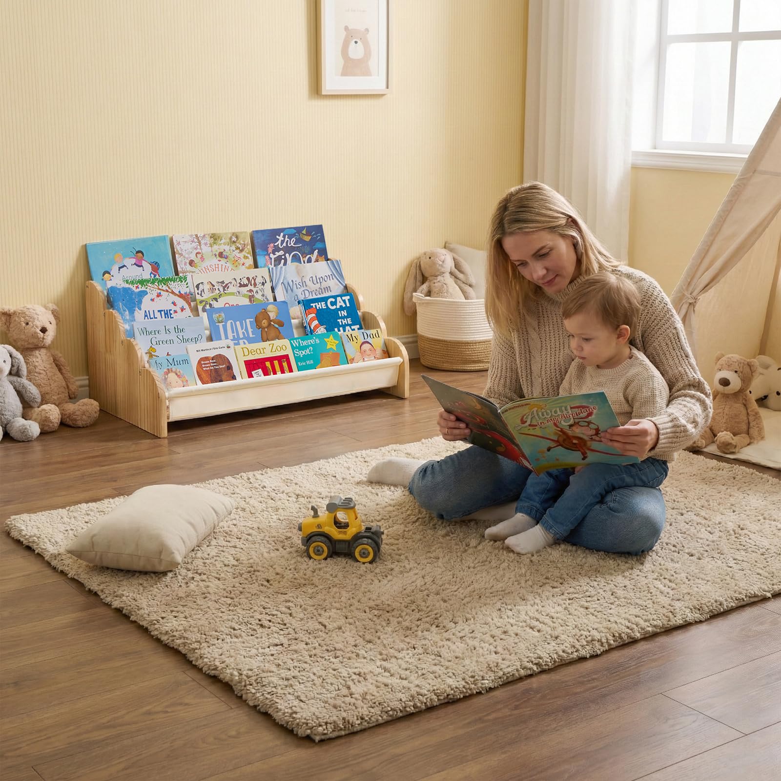 Puricon Libreria per bambini a 4 ripiani, Scaffale per libri per bambini piccoli con ripiani profondi e bordo ondulato, Libreria frontale a fascia per cameretta, asilo nido - Beige