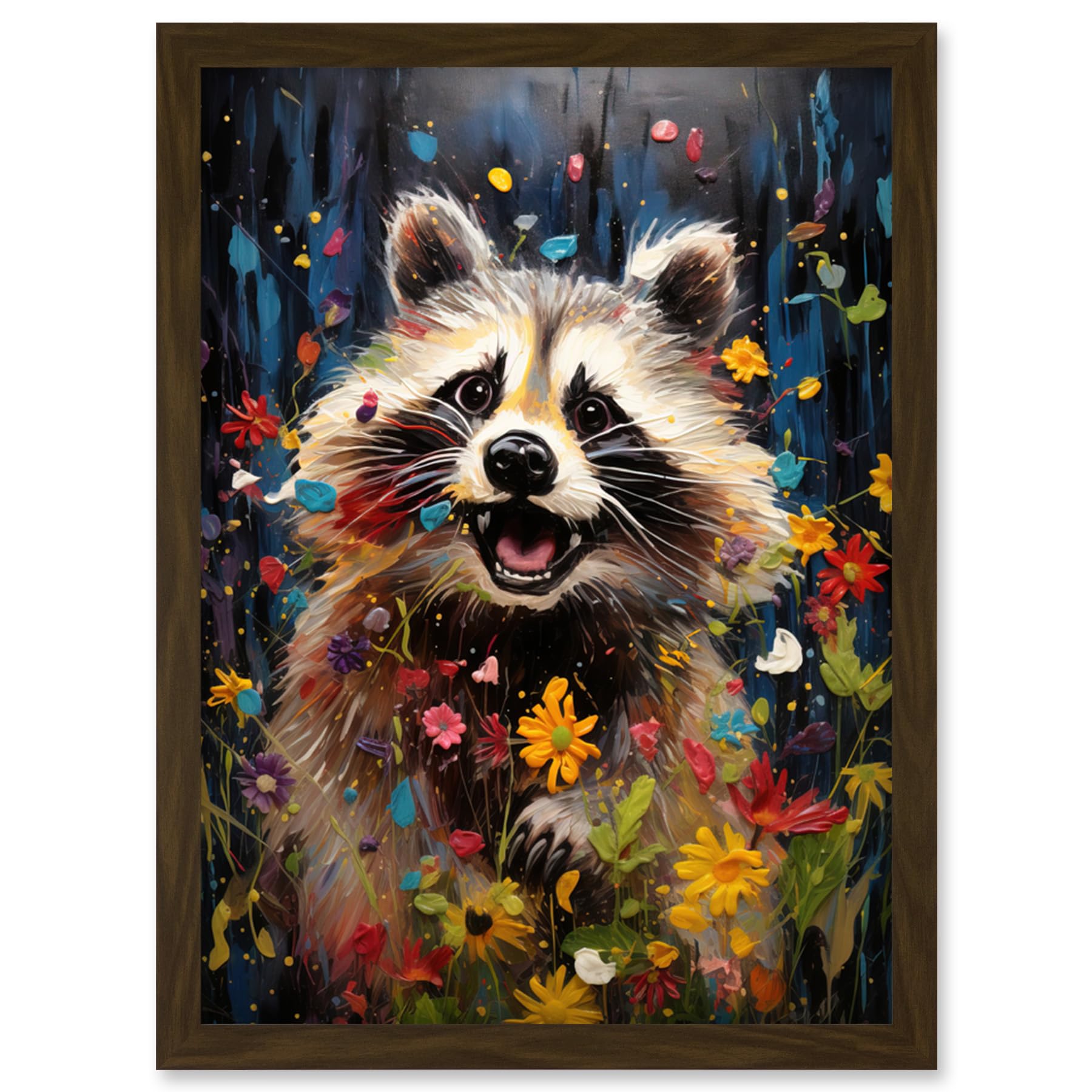 Artery8 Racoon Romp Playing in a Wildflower Meadow Oil Painting Running Through Flowers in Spring Quirky Portrait Artwork Framed Wall Art Print A4