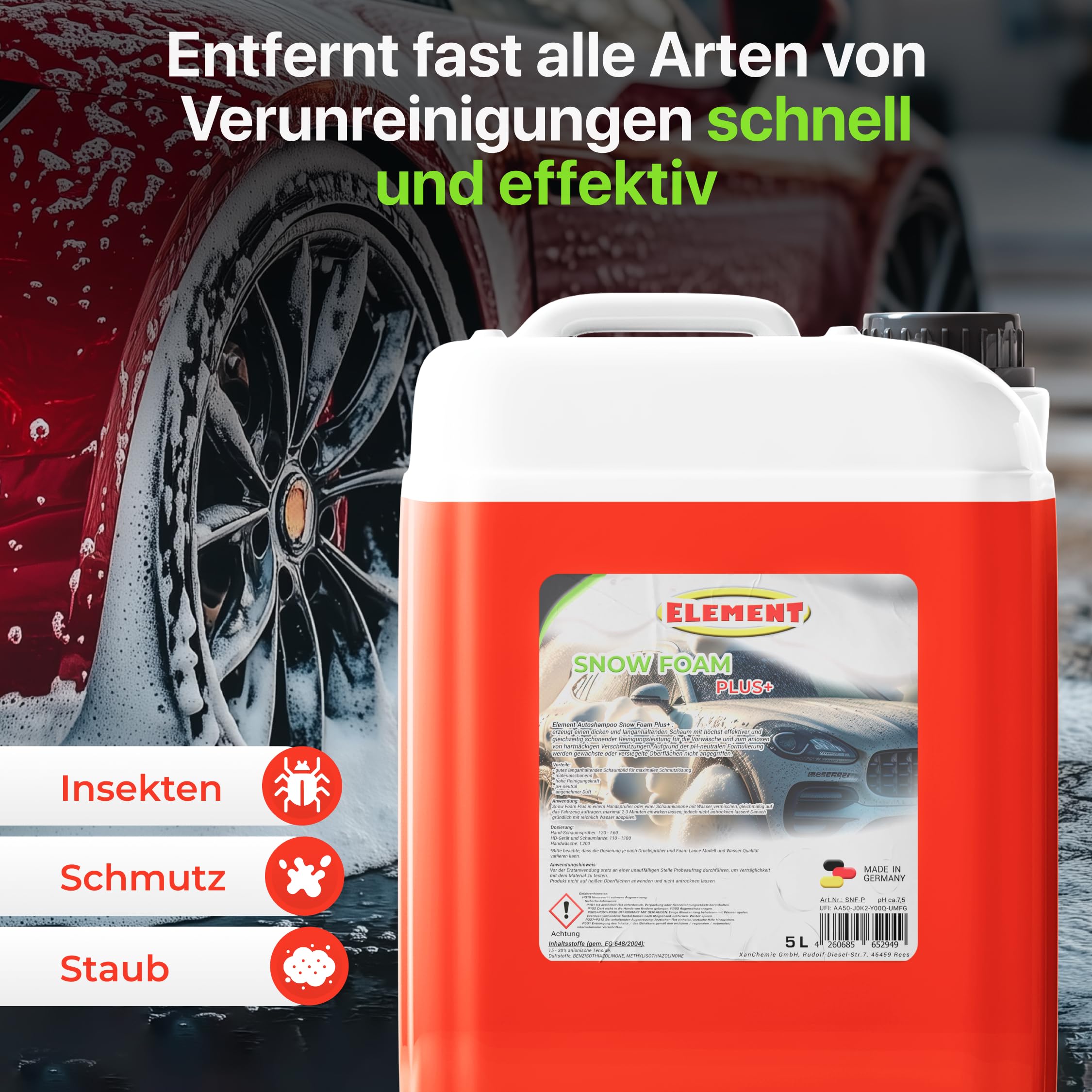 SNOW FOAM PLUS | pH-neutral | Autoshampoo | 5 Liter | Fahrzeugreiniger mit Duft | schonende Vorwäsche mit dichtem Schaum