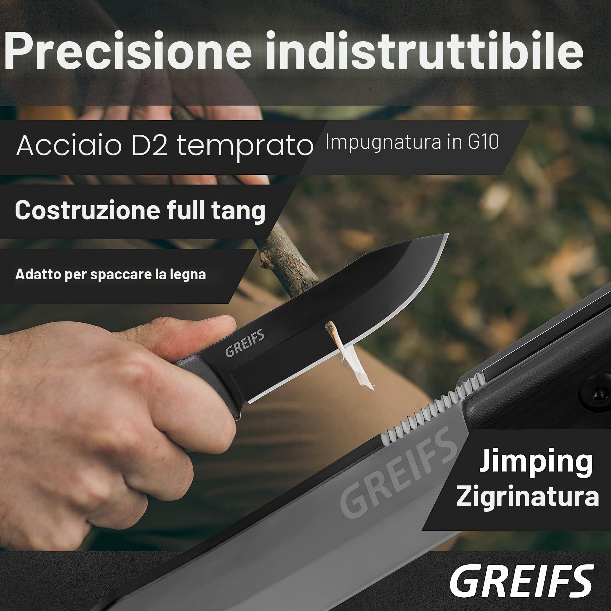 GREIFS® Coltello da esterno in acciaio D2 con fondina Kydex e acciarino, elegante coltello di sopravvivenza per attrezzature Bushcraft, coltello da caccia, coltello da intaglio (Milan/nero)