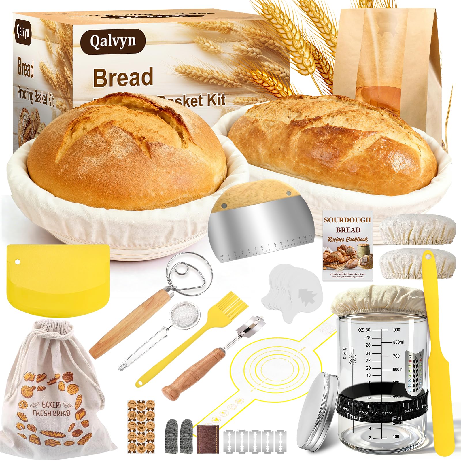 Sourdough Starter Kit,Sourdough Bread Baking Supplies, 9" Round and 10" Oval Banneton Bread Proofing Basket Set with Glass Sourdough Starter Jar, Sourdough Bread Making Tools Kit for Bakers Women