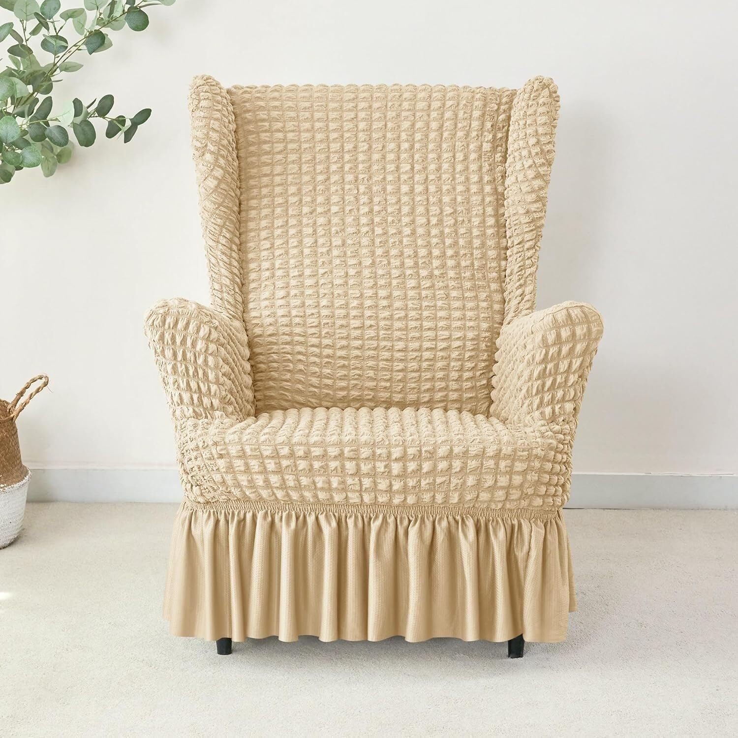 PBTMCD Seersucker Wingback Chair Slipcover Set With Ottoman Cover, Stretch High Back Bubble Wing Armchair Covers With Skirt(1#)