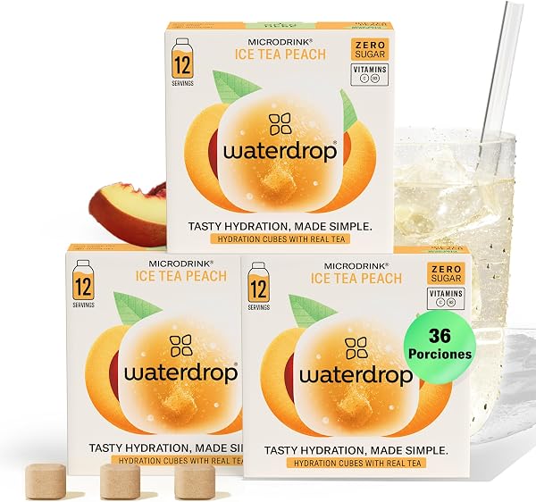 waterdrop® Microdrink, Té Frio MELOCOTÓN, 36 Pastillas Saborizantes Para Agua SIN AZÚCAR, Té NEGRO, Con VITAMINAS, Refresco Instantaneo Sin Calorias, Infusiones Variadas Polvo, Ice Tea - 1