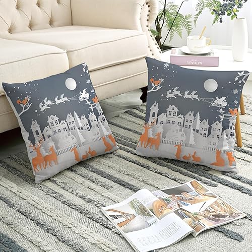 Miniatura 2 de Juego de 2 fundas de almohada de casa de ciervos de Navidad, juego de 2 fundas de cojín de pino, copo de nieve, zorro, conejo, animal, lindo y