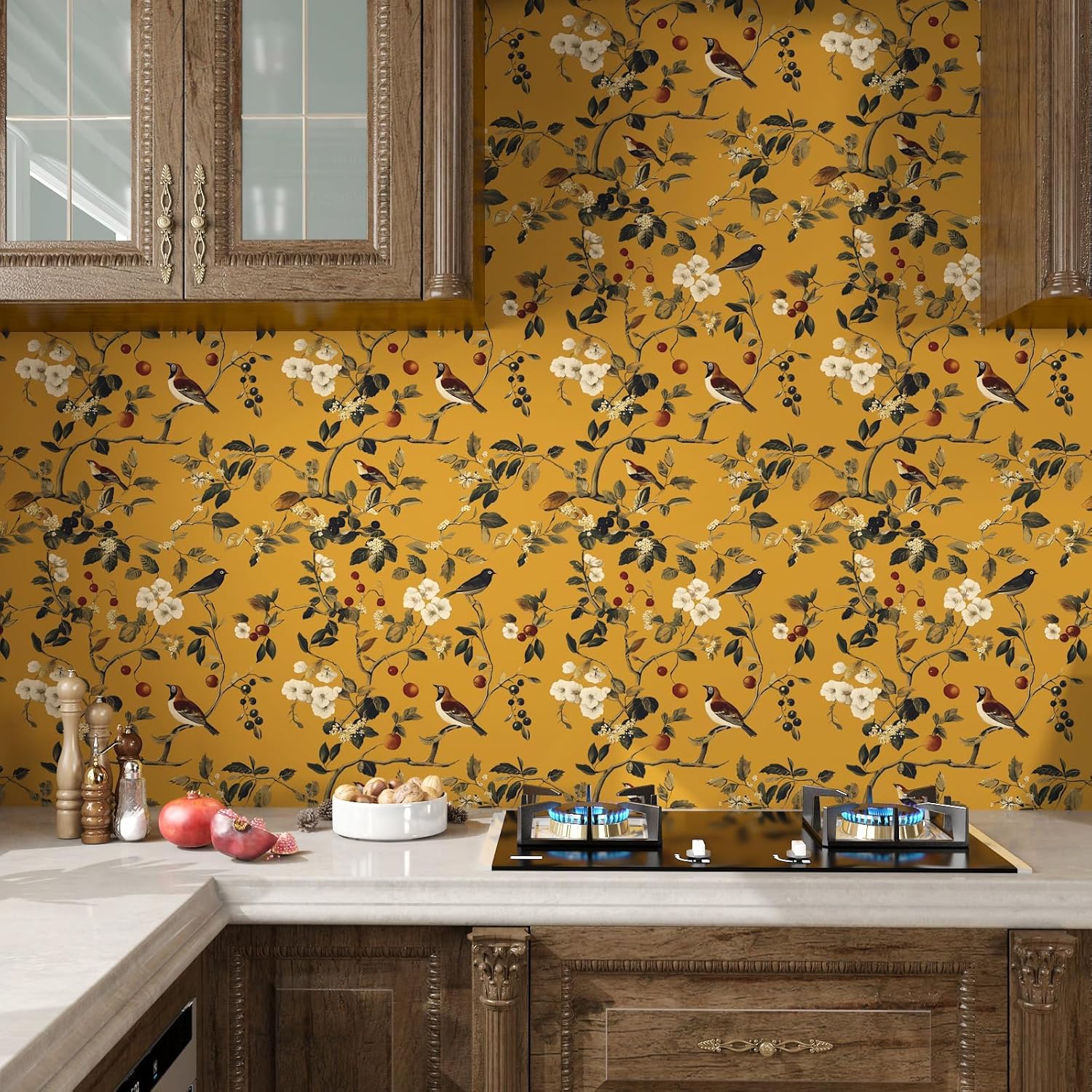 Laatse Vintage Bird Wallpaper 17.5"x393" Yellow Chinoiserie Floral Wallpaper Peel and Stick Removable Waterproof Self Adhesive Boho Wall Paper Floral Contact Paper for Bedroom Walls Cabinet Locker