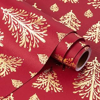 WRAPAHOLIC 3D Kraft Christmas Wrapping Paper Roll - Mini Roll - 17 Inch x 16.5 Feet - Gold and Red Christmas Tree Wrapping Paper with Embossed Perfect for Holiday, Party Celebration
