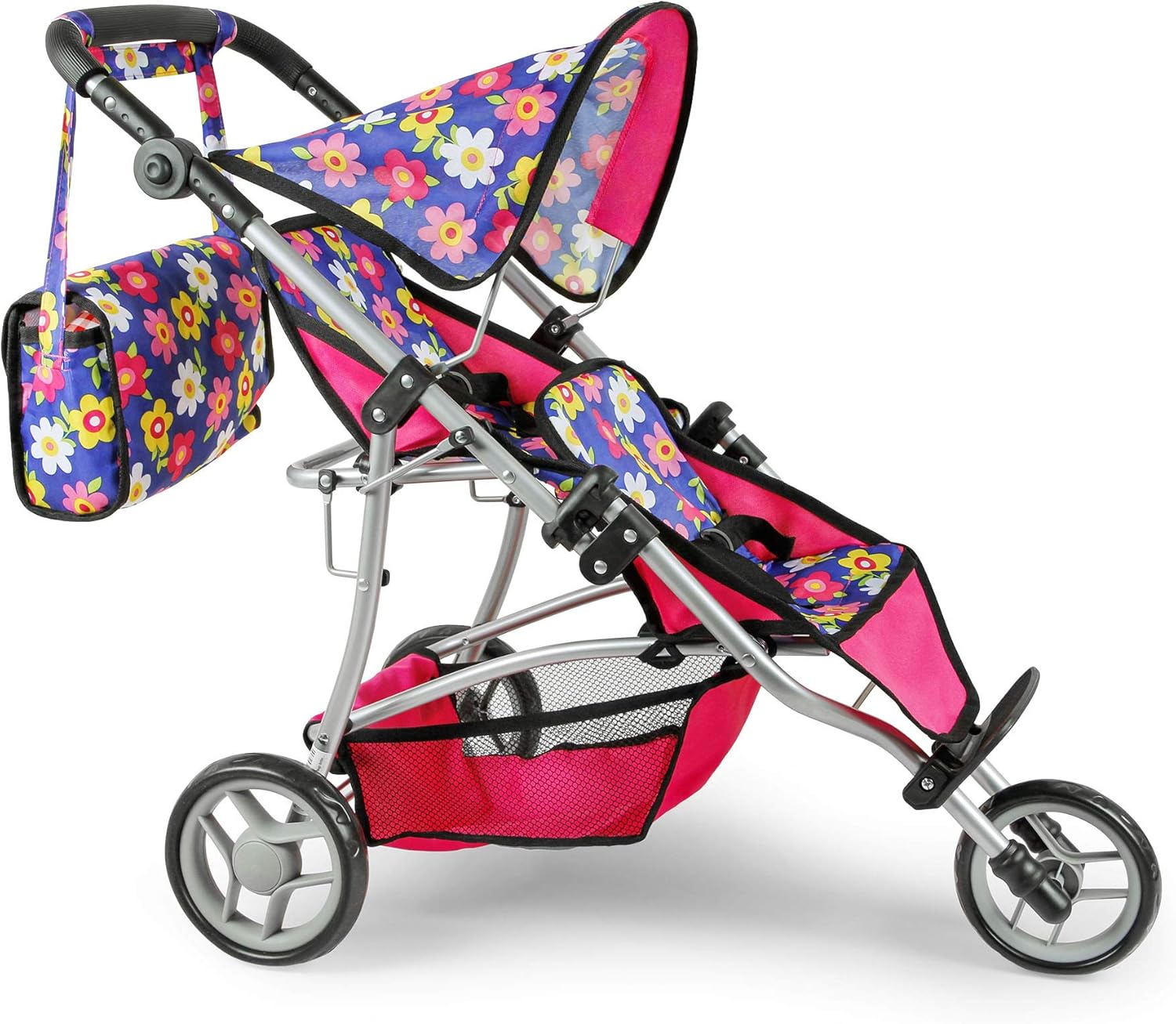 fash n kolor Baby Doll Double Stroller | Flower Design Easy Fold Double Stroller for Twin Dolls with Carriage Bag
