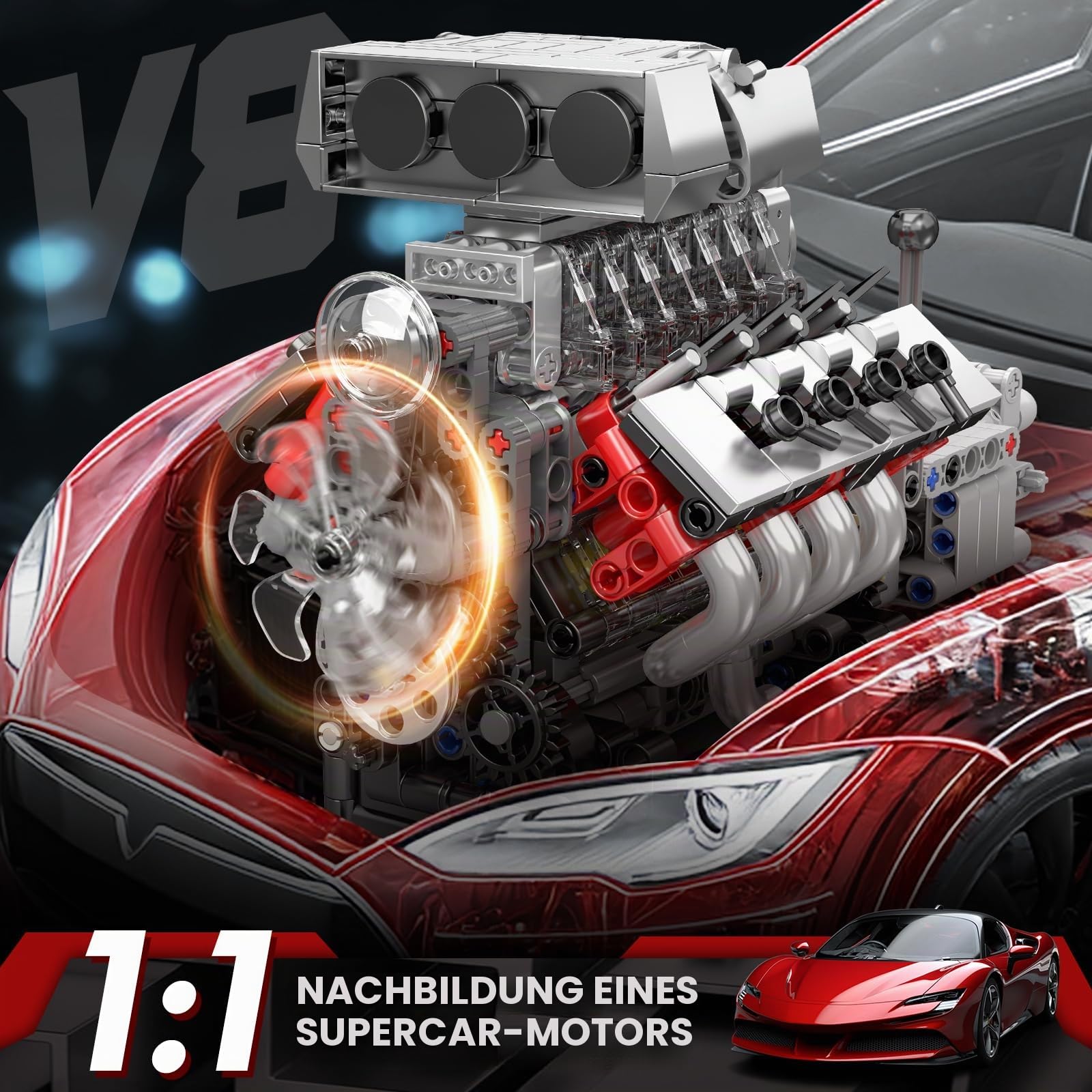 Mould King 10225 Technik V8 Motor und Getriebe Klemmbausteine Bausatz Kit, STEM 855+ Stücke Motormodellblöcke mit Motor, MOC Auto Engine Modell Spielzeug für Jugendliche/Erwachsene Sammlung Liebhaber