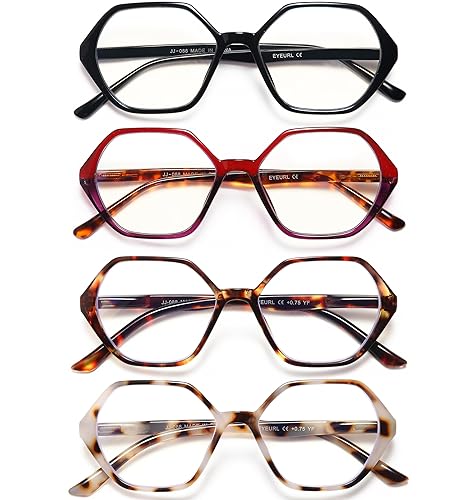 EYEURL 4-Pack Reading Glasses for Women Blue Light Blocking Reading Glasses Vintage Design Diamond-Shaped Frame Spring Hinge Readers for Women Men Anti Glare Filter Lightweight Eyeglasses,0.0