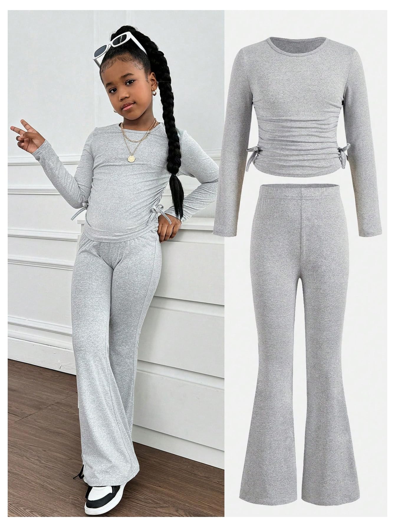 Floerns Conjunto de dos piezas para niña, camiseta de punto con lazo y pantalones acampanados
