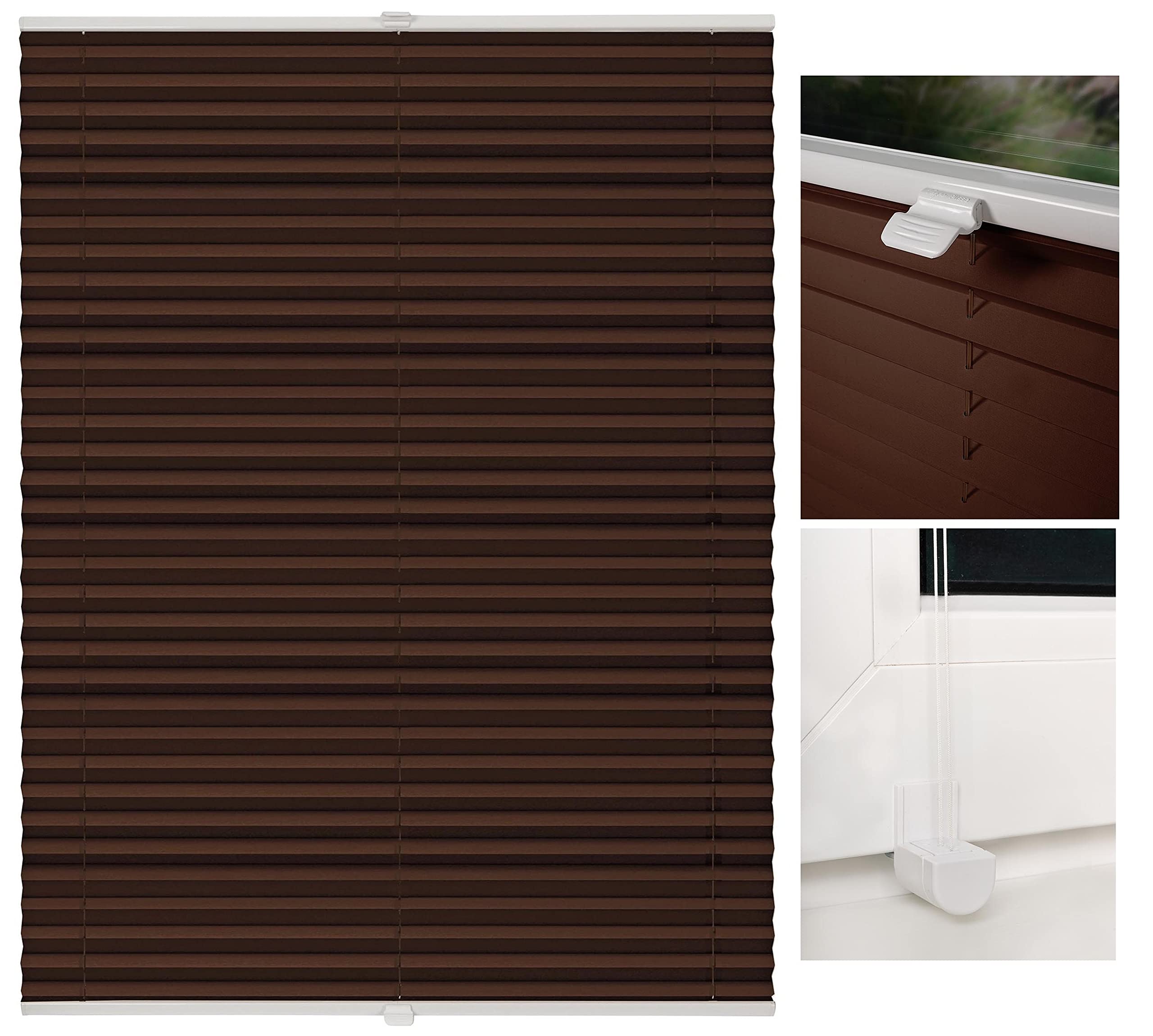 Plissee ohne Bohren Klemmfix Faltrollo Jalousie Plisseerollo Sichtschutz und Sonnenschutz Blickdicht lichtdurchlässig Rollo für Fenster & Tür Dunkelbraun 115x130 cm