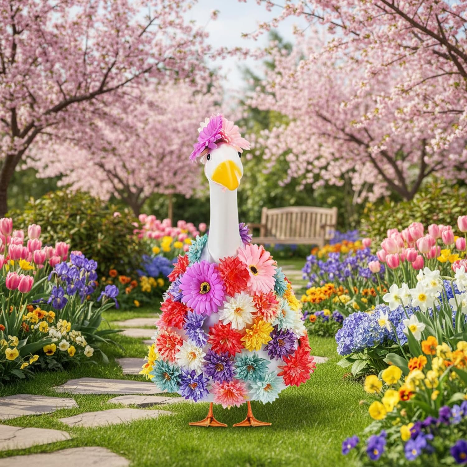 Abbylike 1 Set Spring Flower Porch Goose Outfits Colorful Spring Yard Goose Outfits Costume Clothes Fits Large 23'' Cement for Garden Yard Statue Pathway Decorations