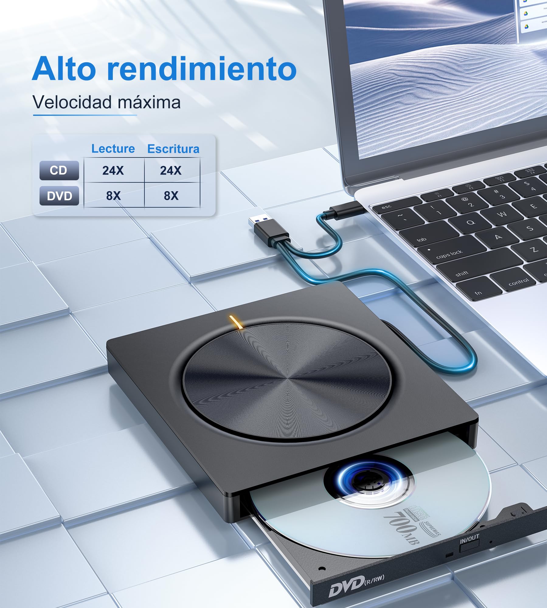 Lector CD/DVD Externo, Grabadora Externa con USB 3.0 y USB-C, Unidades Portátil CD/DVD /-RW/ROM Estable, Lector Tarjetas SD TF y 2 Puertos USB 3.0 para PC/Portátil/Win 11/10/8/7/XP/Vista/MacOS/Linux