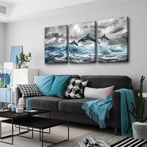 Miniatura 2 de DZRWUBHS Pinturas de pared en blanco y negro para sala de estar, lienzo para decoración de pared para dormitorio, delfines de olas de mar azules,