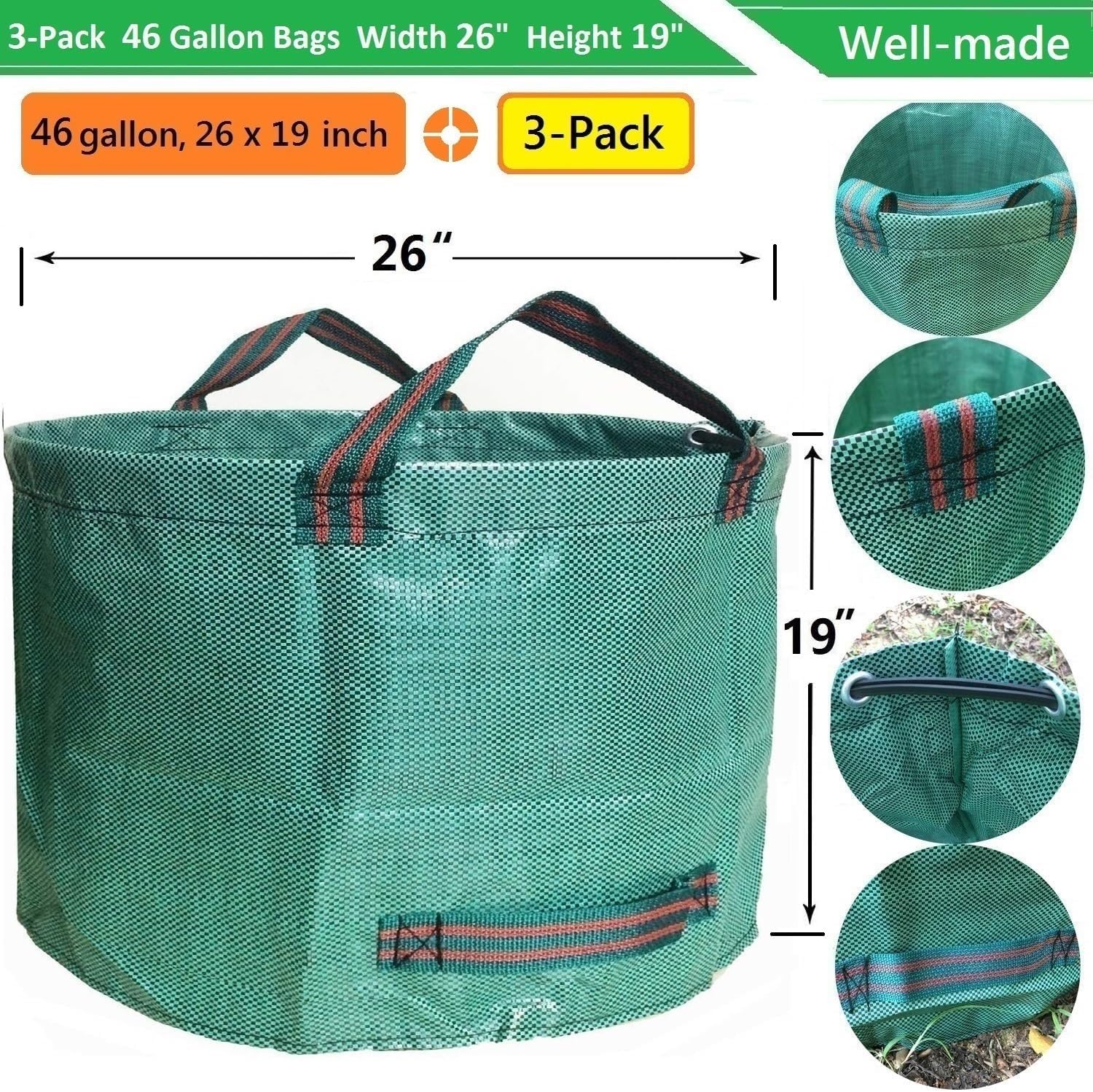Paquete de 3 bolsas de jardín profesionales de 46 galones (D26, H19 pulgadas) con guantes de jardín, 4 asas reutilizables para bolsas de hojas de césped, bolsas de basura de jardín, bolsas de colada,