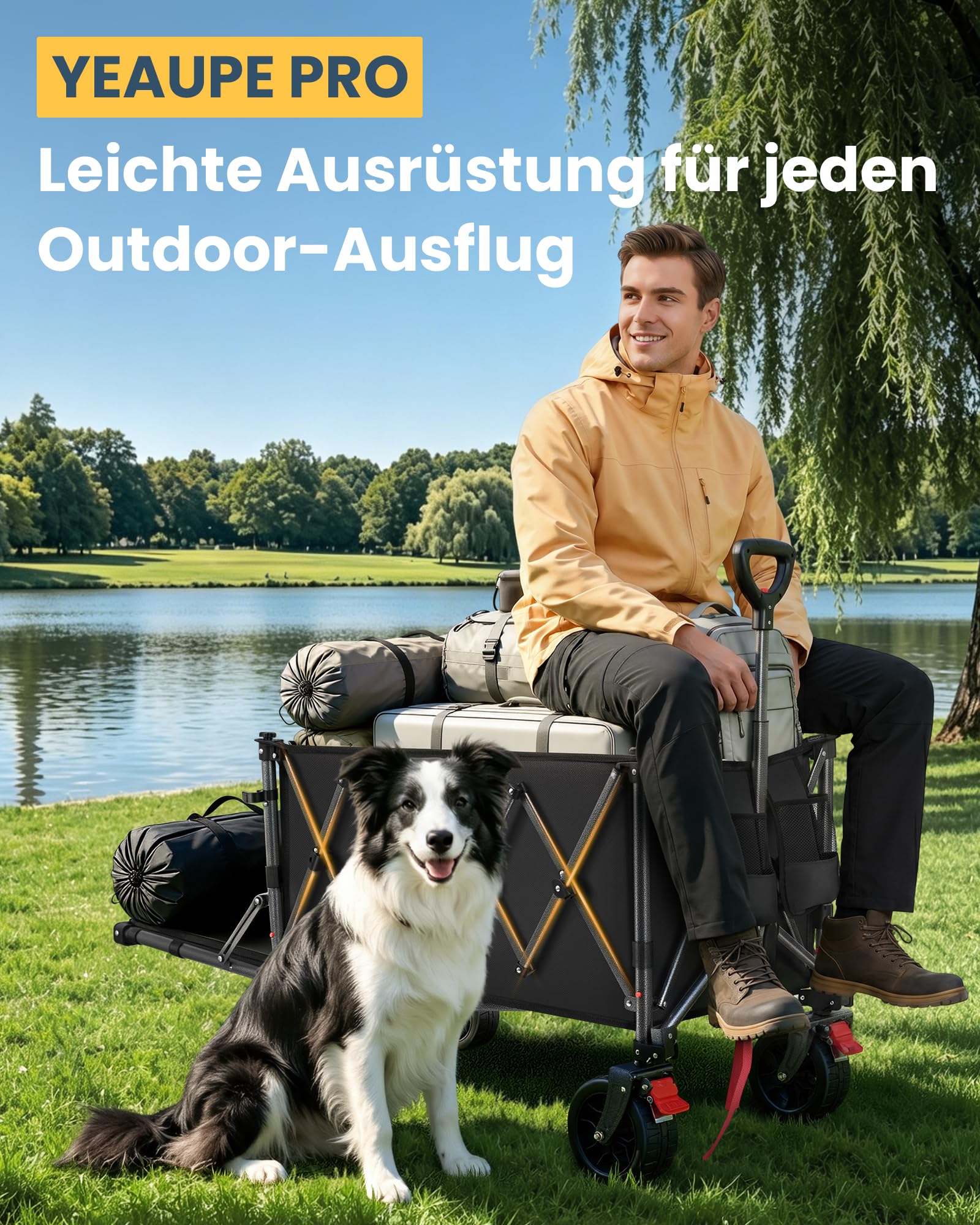 YEAUPE PRO Bollerwagen Faltbar, 260L 250KG Faltbarer Bollerwagen& Wagon for Festival, Geländegängiger Strandwagen mit 17cm Breiten Rädern, Ideal für Garten, Einkauf, Strand, und Outdoor Nutzung