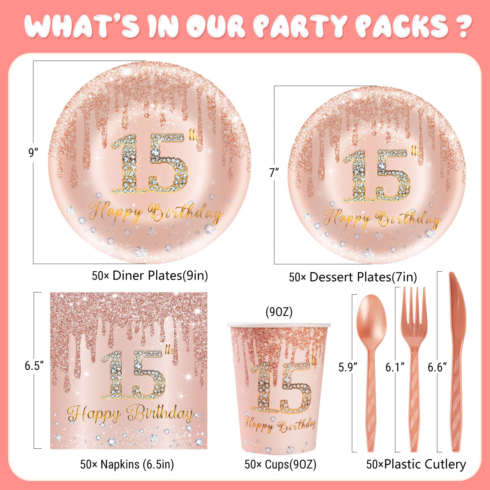 350PCS 15th Birthday Decorations for 50 Guests,Party Supplies for Girls Include Paper Plates, Napkins, Cups, Disposable Tableware