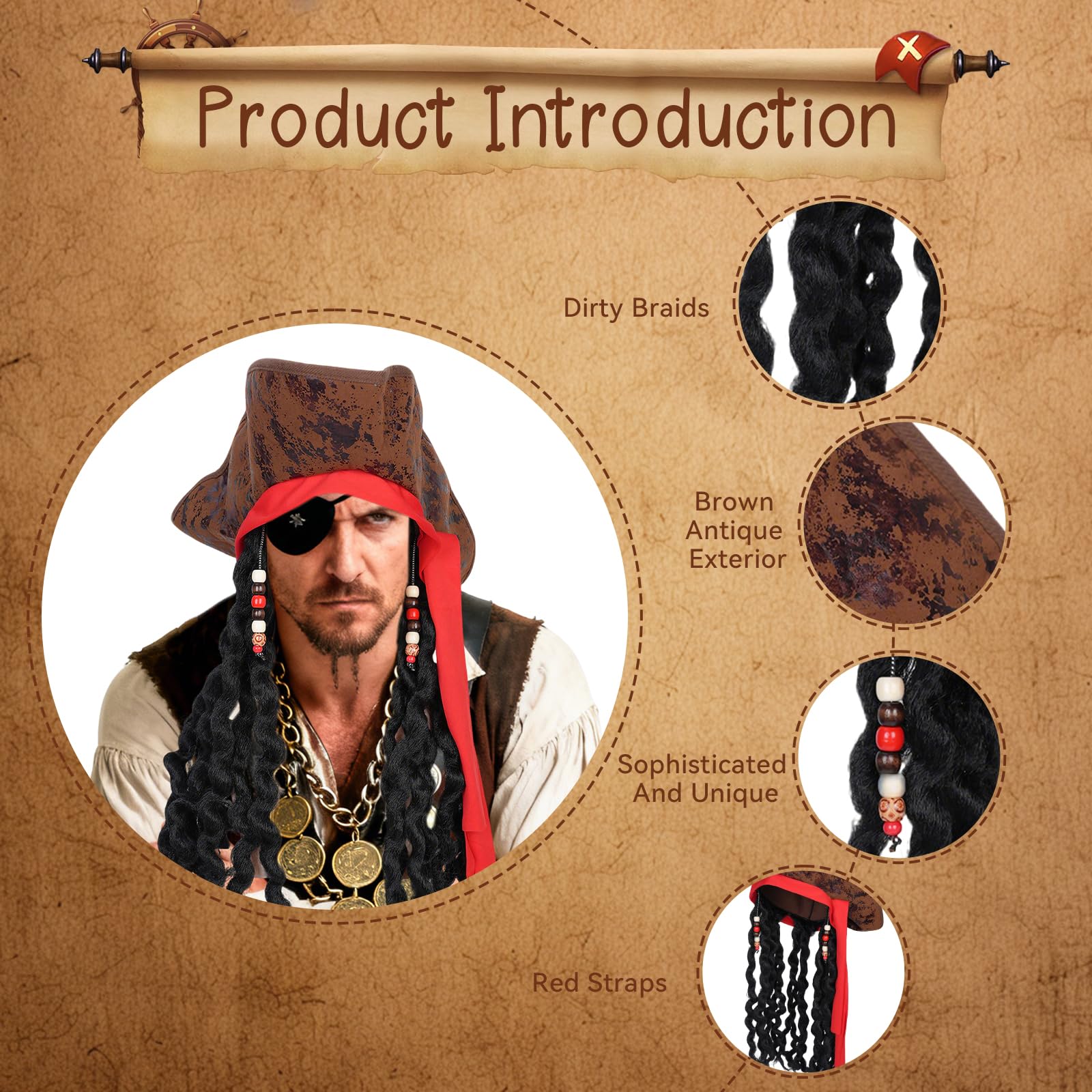 Alaoo Kit Accessori Pirata, Capitano Pirata Costume Accessori, Accessori Costume da Pirata con Cintura Bandana da Pirata, Accessori per Costume da Pirata per Halloween Carnevale Festa