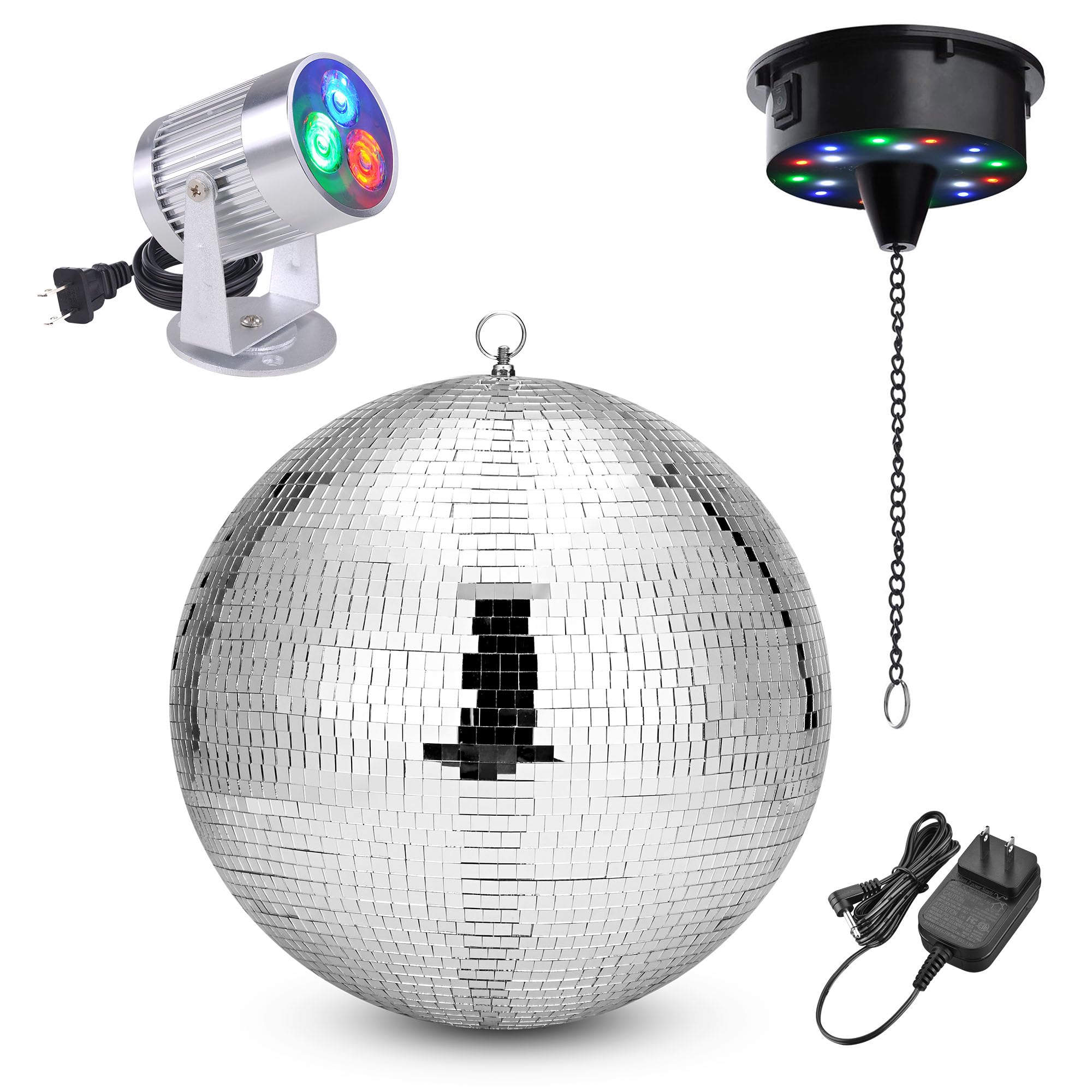 Yescom 16 inch Disco Mirror Ball with 6RPM Rotating Motor & RGB LED Pinspot Stage Light Kit Home Party Club Bar Decoration