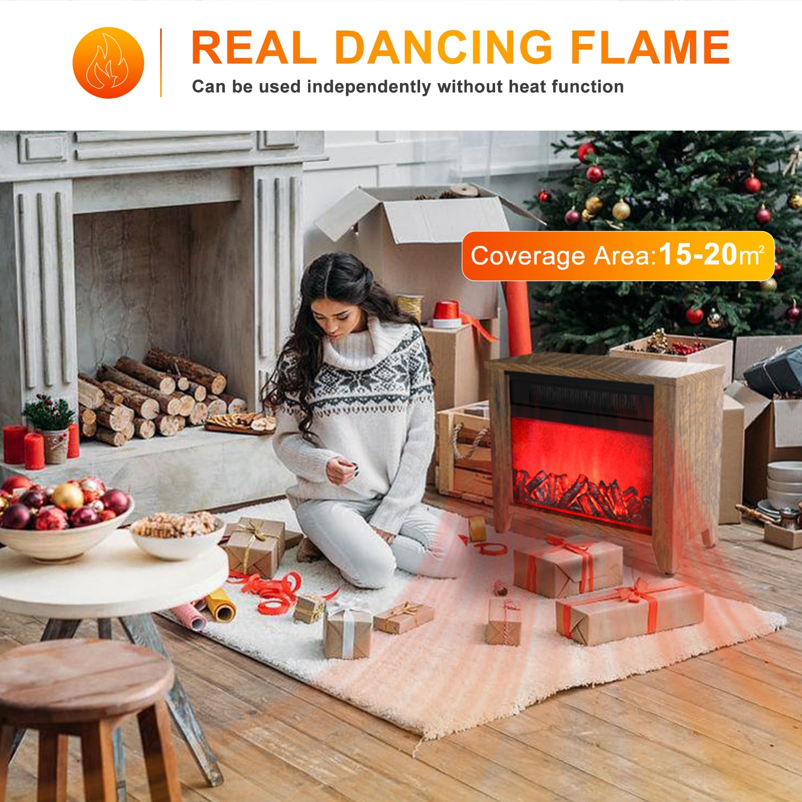 Lightdot 14" Electric Fireplace with Mantel, 1500W Freestanding Fire Place Stove Heater with Realistic LED Flames and Logs, Amber Wooden Surround Firebox Indoor Use