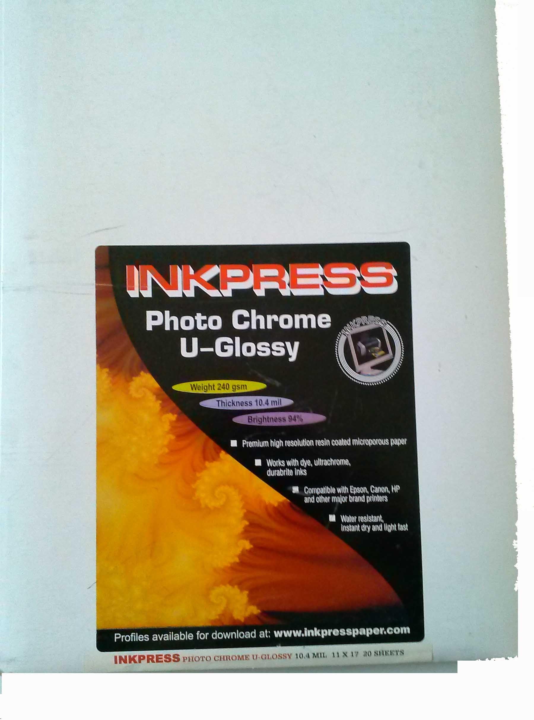 Inkpress Photo Chrome U-Glossy 10.4 mil / 240 gsm 20 Sheets 11" x 17"