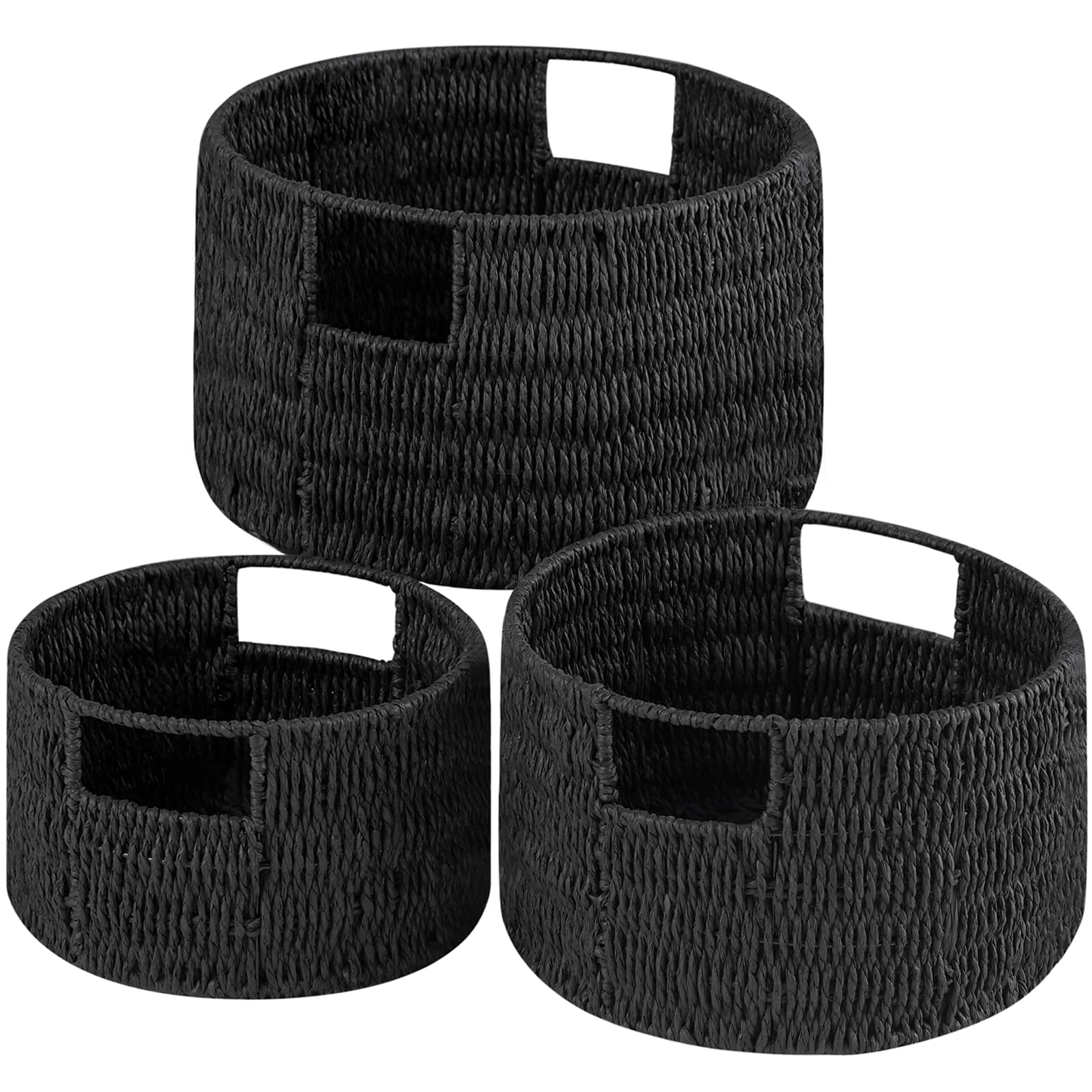 Vagusicc Wicker Storage Basket, Hand-Woven Paper Rope Large Round Woven Basket With Handles, Wicker Baskets for Organizing/Storage, Black, 3-Pack