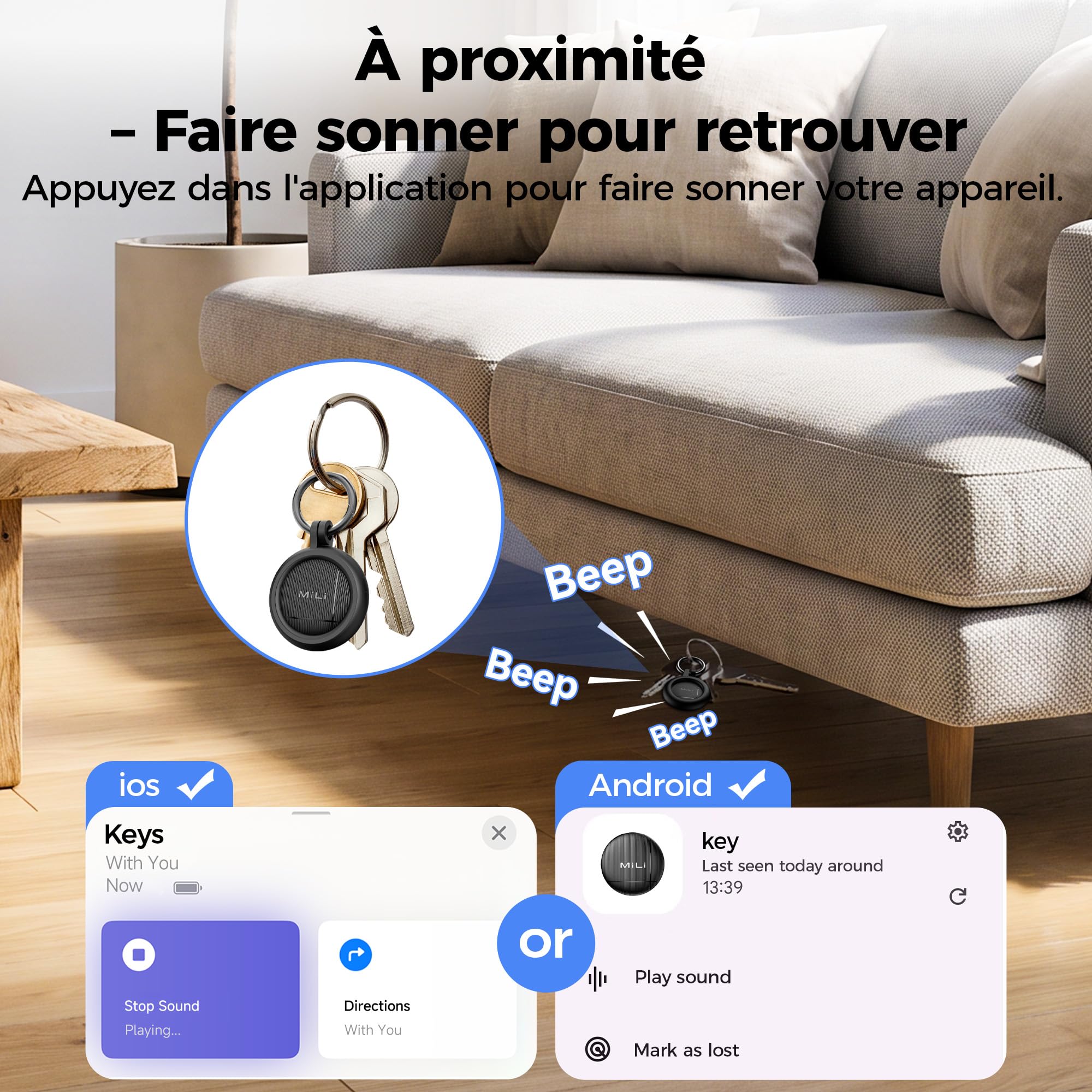 MiLi LiTag Duo Tracker Intelligent Lot de 4 pour iOS et Android, Localisateur de Clés Compatible avec Apple Localiser ou Android Localiser, Pile CR2032, pour Clés, Portefeuille et Bagages, Noir