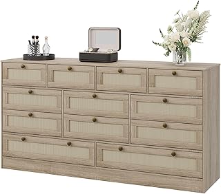 GAOMON 12 Drawer Wooden Dressers for Bedroom, Modern Wood Closet Dressers for Adult Room, 61" Wide TV Stand Dresser for 65 inch TV, Rattan Chest of Drawers for Living Room, Hallway