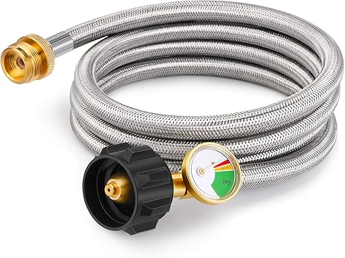 Kohree Adaptador de manguera de propano de 6 pies de 1 libra a 20 libras con calibre, adaptador de manguera de parrilla de tanque de propano para